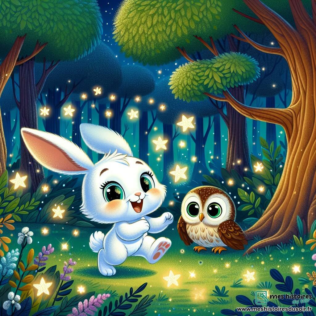 Un petit lapin blanc nommé Lila, avec de grandes oreilles et des yeux brillants, se trouve dans une forêt sombre mais magique, exprimant curiosité et émerveillement. Elle saute joyeusement, entourée de petites étoiles scintillantes. À côté d'elle, un hibou sage aux plumes brunes et dorées, perché sur une branche, la regarde avec un sourire encourageant. La scène se déroule dans une forêt enchantée, avec des arbres majestueux et des feuilles brillantes sous la lumière des étoiles, tandis que le sol est tapissé de fleurs colorées. Lila, d'abord effrayée par l'obscurité, découvre la beauté de la nuit en écoutant les chants des grillons et en admirant les lucioles, transformant sa peur en joie.