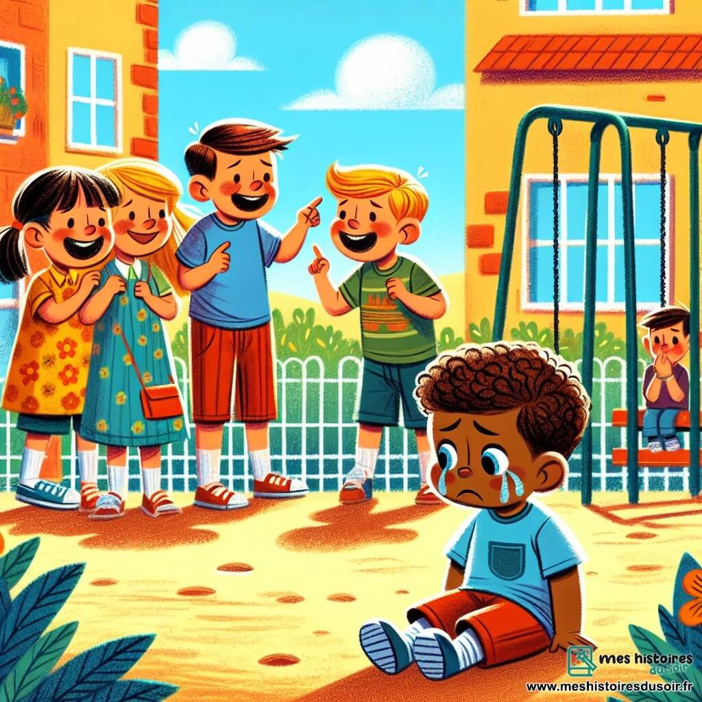 Illustration d'un petit garçon aux cheveux bruns, en t-shirt bleu et short rouge, isolé des autres enfants. Son visage montre tristesse et isolement, avec des larmes aux yeux, tandis qu'il observe les autres jouer. À proximité, un groupe de trois enfants, deux filles blondes et un garçon châtain, rient et se moquent de lui. Le garçon châtain, lui, semble hésitant, partagé entre curiosité et culpabilité. La scène se déroule dans une cour de récréation ensoleillée, avec des murs colorés, des balançoires et un toboggan. Des fleurs et des arbres ajoutent une touche de nature. L'illustration transmet l'isolement et la moquerie, tout en laissant entrevoir l'espoir d'une connexion future, avec des bulles de dialogue représentant les rires des enfants et des couleurs vives soulignant le contraste avec la tristesse du petit garçon, illustrant le thème du harcèlement.