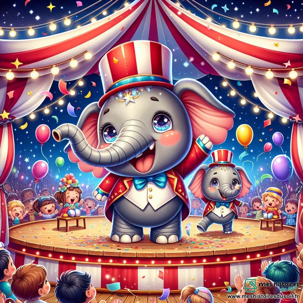Illustration d'un petit chapeau rouge avec des yeux pétillants et un grand sourire, posé sur la tête d'un éléphant. Le chapeau exprime joie et excitation, les bras ouverts comme prêt à sauter. L'éléphant, grand et majestueux, a une peau grise et des oreilles larges, affichant une expression amicale. Ils se trouvent dans un cirque vibrant avec un chapiteau rayé rouge et blanc, des lumières scintillantes et des enfants rieurs. Le chapeau et l'éléphant réalisent un numéro de jonglage avec des ballons colorés et des confettis tombant autour d'eux, créant une scène joyeuse. D'autres éléments incluent des étoiles brillantes, des spectateurs émerveillés et des accessoires de cirque, renforçant l'atmosphère magique.