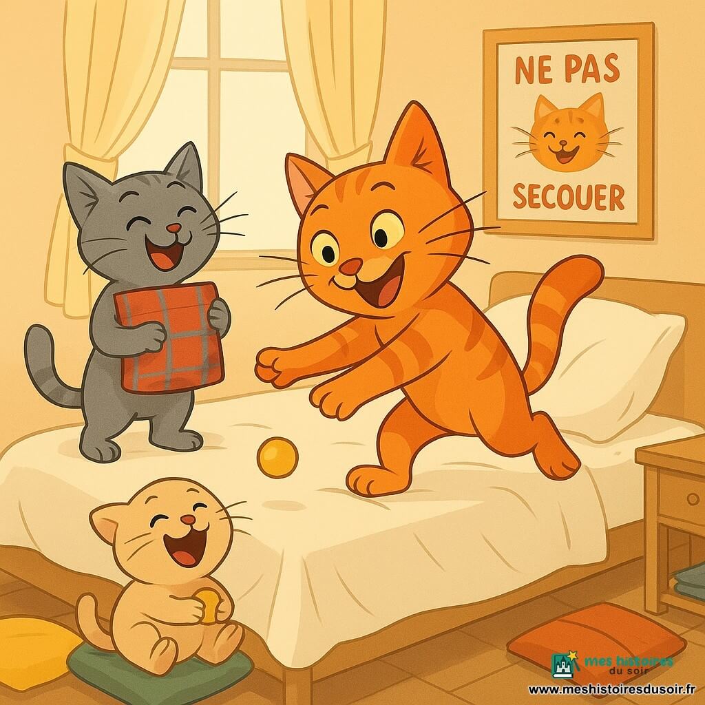 Mino, un chat anthropomorphe orange aux longues moustaches et aux yeux malicieux, saute sur un lit pour attraper une petite bille jaune tandis que Lila, une chatte grise élégante, rit en serrant un coussin rouge et bleu à sa gauche et que le chaton beige Pipo, assis au pied du lit, tient la bille en riant ; la scène se déroule dans une chambre d’invités lumineuse et ordonnée avec grand oreiller blanc affaissé, rideaux crème, table de chevet en bois clair et coussins éparpillés, illustrant un chaos doux et comique aux couleurs vives et contrastes chauds, avec des détails ludiques comme un coussin qui bascule et une affiche « NE PAS SECOUER ».