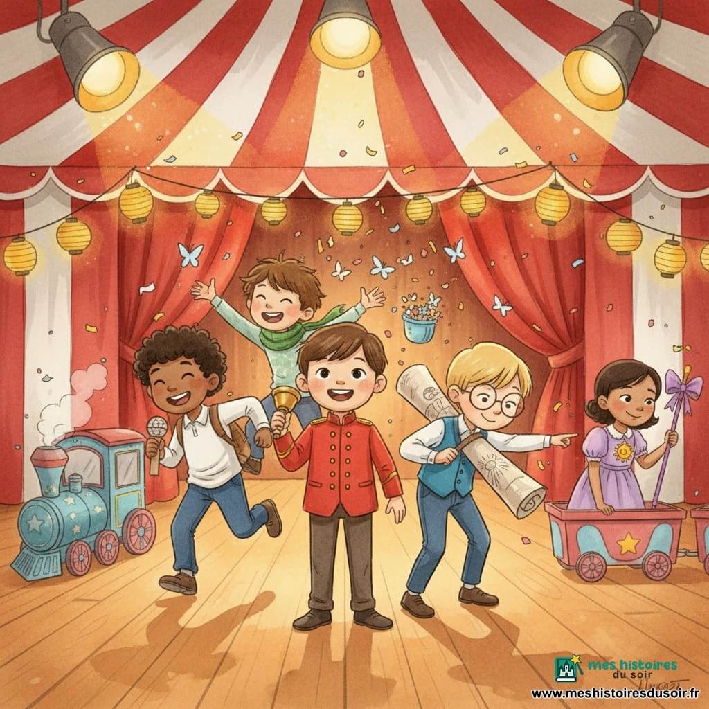 Cinq enfants dans une grande tente de cirque rouge et blanche au plancher en bois ciré : Tom (8 ans) cheveux bruns courts, veste rouge, sonne une petite clochette ; Malik (8 ans) peau mate, cheveux noirs bouclés, chemise jaune, rit en tenant un micro en carton ; Hugo (8 ans) cheveux blonds, lunettes rondes, gilet bleu, montre un dessin/plan à l’épaule ; Léo (8 ans) cheveux châtains, écharpe verte, lance des confettis ; Rosa (7 ans) robe lavande, canne violette avec ruban et badge soleil, sourit en montant dans le wagon du mini-train étoilé à gauche ; ambiance festive aux projecteurs chauds, rideaux de velours rouge et guirlandes de lampions, couleurs chaudes et touches d’aquarelle.