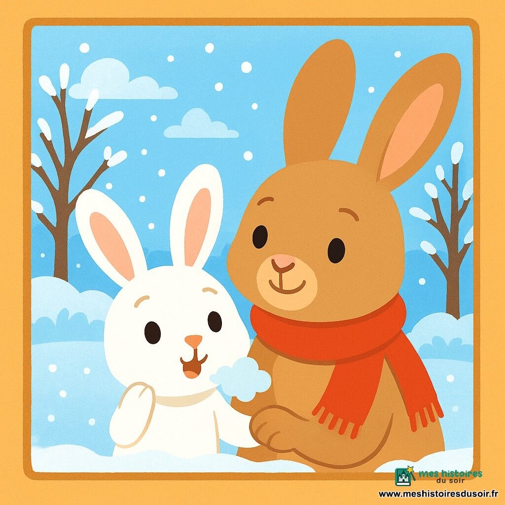 Petit Lapin, un adorable lapin aux grandes oreilles et au pelage blanc, regarde émerveillé par une fenêtre embuée, son visage rayonnant de curiosité et de joie. À ses côtés, Maman Lapin, une lapine au pelage brun clair avec une écharpe rouge, sourit tendrement, ses yeux pétillants de chaleur. Le jardin est recouvert de neige scintillante, avec des arbres dénudés chargés de flocons, sous un ciel bleu clair. Petit Lapin souffle sur la vitre, formant un nuage de vapeur, tandis que Maman Lapin l'enlace doucement, créant une atmosphère chaleureuse en plein hiver.