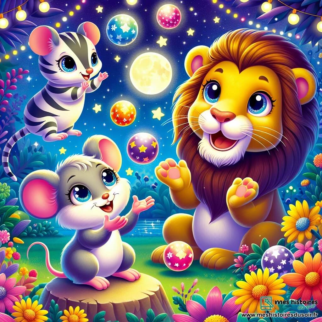 Une petite souris nommée Mimi, avec un pelage gris et des yeux curieux, sourit en jonglant avec des balles colorées. À côté d'elle, Léo, le lion aux crins dorés, applaudit avec enthousiasme. En arrière-plan, Zoé, le zèbre rayé, les observe avec un sourire. Ils se trouvent dans un zoo enchanté, rempli de fleurs lumineuses et d'arbres scintillants, sous un ciel étoilé. Mimi et Léo s'amusent ensemble, créant une ambiance joyeuse.