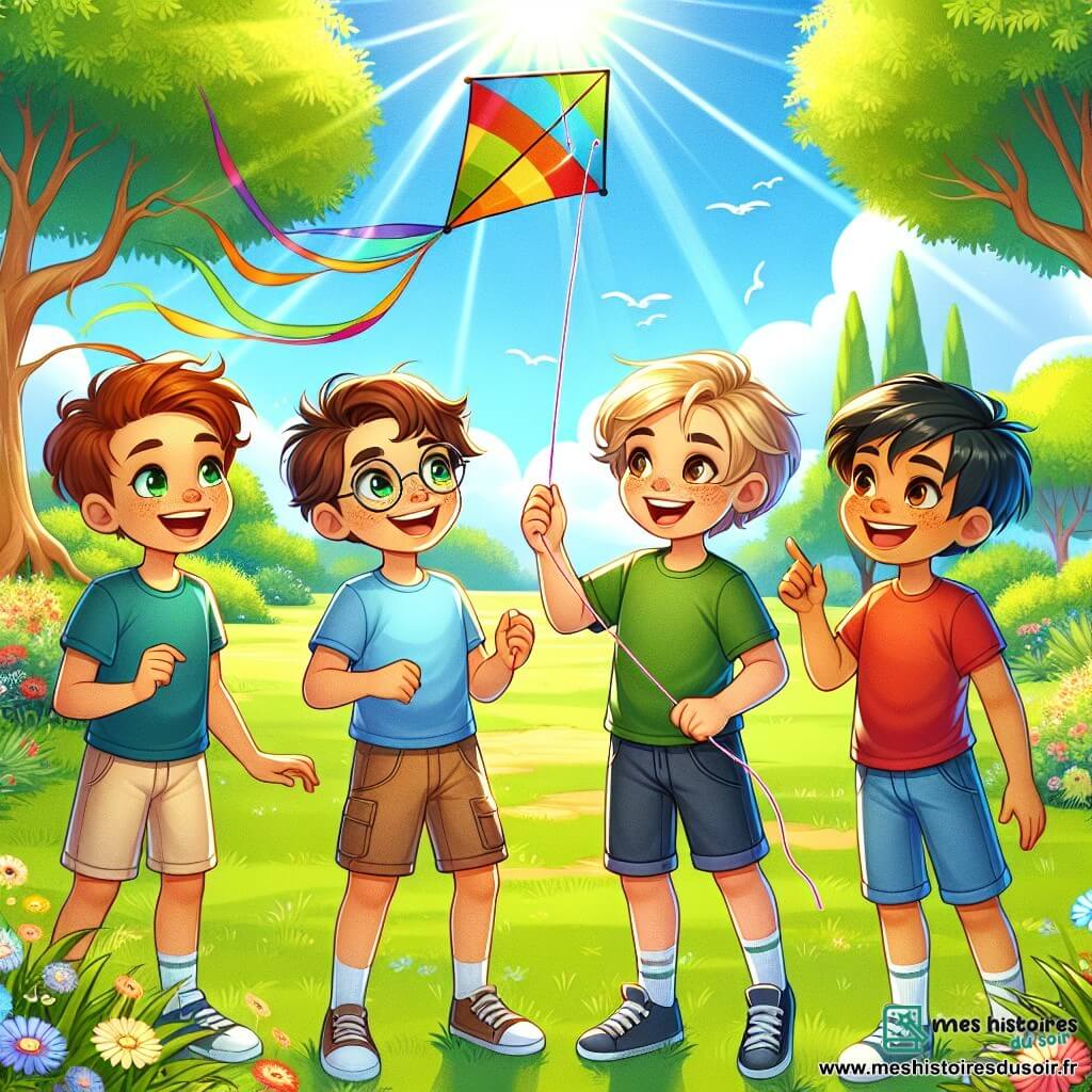 Dans un parc ensoleillé, quatre garçons de dix ans, Thomas, Lucas, Maxime et Oscar, sourient et s'amusent à faire voler un cerf-volant coloré. Thomas, avec ses cheveux bruns, tient le cerf-volant, tandis que Lucas, aux cheveux blonds et lunettes rondes, l'admire. Maxime, aux cheveux châtains et taches de rousseur, rit en pointant le cerf-volant, et Oscar, le nouvel ami aux cheveux noirs, sourit en tenant le fil. Le parc est verdoyant, avec de grands arbres et des fleurs colorées, sous un ciel bleu parsemé de nuages. Les garçons illustrent la joie de l'amitié en partageant ces moments ensemble.