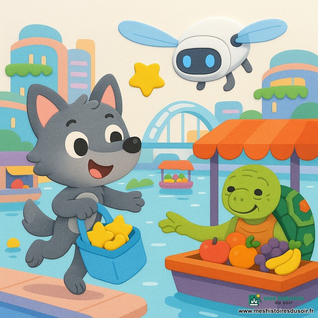 Un petit loup anthropomorphe gris aux oreilles rose pâle, souriant, tient un sac bleu clair rempli de biscuits étoiles tandis qu’un drone blanc aux yeux LED le récupère au-dessus d’un étal flottant où une vieille tortue marchande à la carapace verte sourit ; scène dans un marché flottant futuriste aux stands colorés, ponts de verre et néons pastels, style formes simples, couleurs vives et contours épais.