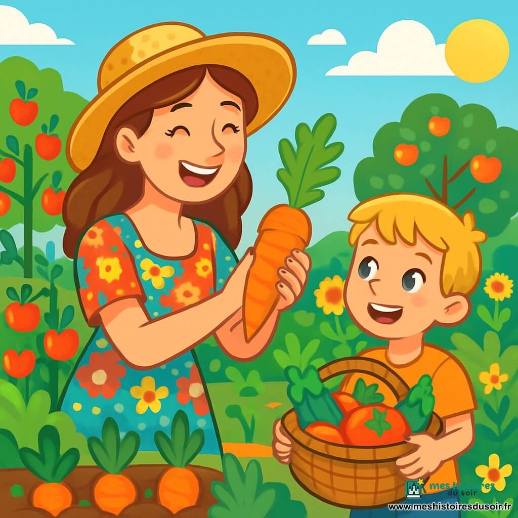 Marie, une agricultrice d'une trentaine d'années, souriante, porte une robe à fleurs et un chapeau de paille. Elle récolte des légumes dans son jardin, tenant une carotte fraîche, les yeux pétillants de joie. À ses côtés, un petit garçon de 7 ans, aux cheveux blonds, admire la scène en tenant un panier en osier rempli de légumes colorés. Le jardin est luxuriant avec des rangées de tomates, courgettes et carottes, entouré de fleurs et d'arbres fruitiers. Le ciel est bleu avec quelques nuages, et le soleil brille, créant une ambiance joyeuse. Marie et le garçon partagent un moment de bonheur en récoltant les fruits de leur travail.