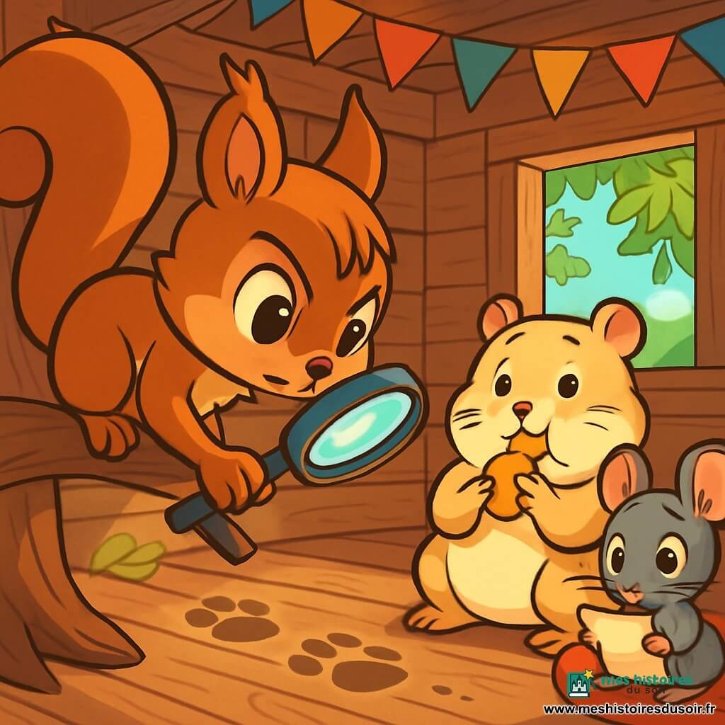 Noisette, une jeune écureuil aux yeux pétillants et au pelage brun doré, est perchée sur une branche avec une loupe, scrutant le sol. Pistache, un hamster dodu au pelage crème, est assis sur un coussin rouge, inquiet en grignotant un biscuit. Grignote, une petite souris grise, observe attentivement avec une feuille de papier dans ses pattes. La scène se déroule dans une cabane en bois décorée de guirlandes colorées, avec des fenêtres ouvertes laissant entrer la lumière. Noisette enquête sur la disparition de la noisette dorée, entourée de ses amis cherchant des indices sur le sol en bois, dans une ambiance de mystère et d'excitation.