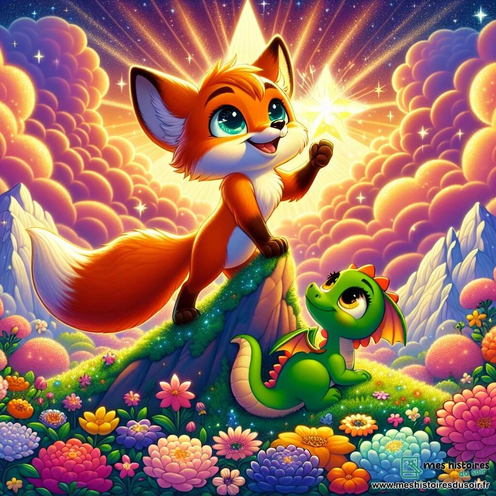 Un petit renard nommé Flocon, au pelage orange vif et aux yeux brillants, se tient courageusement au sommet d'une montagne scintillante, tenant une étoile magique dans ses pattes. À ses côtés, un petit dragon aux écailles vertes et aux yeux curieux admire Flocon, prêt à bondir avec enthousiasme. Le décor est une majestueuse montagne des rêves, ornée de fleurs colorées et de nuages doux, baignée dans une lumière dorée. Flocon et le dragon symbolisent l'amitié et le courage après avoir traversé des nuages sombres pour atteindre l'étoile magique.