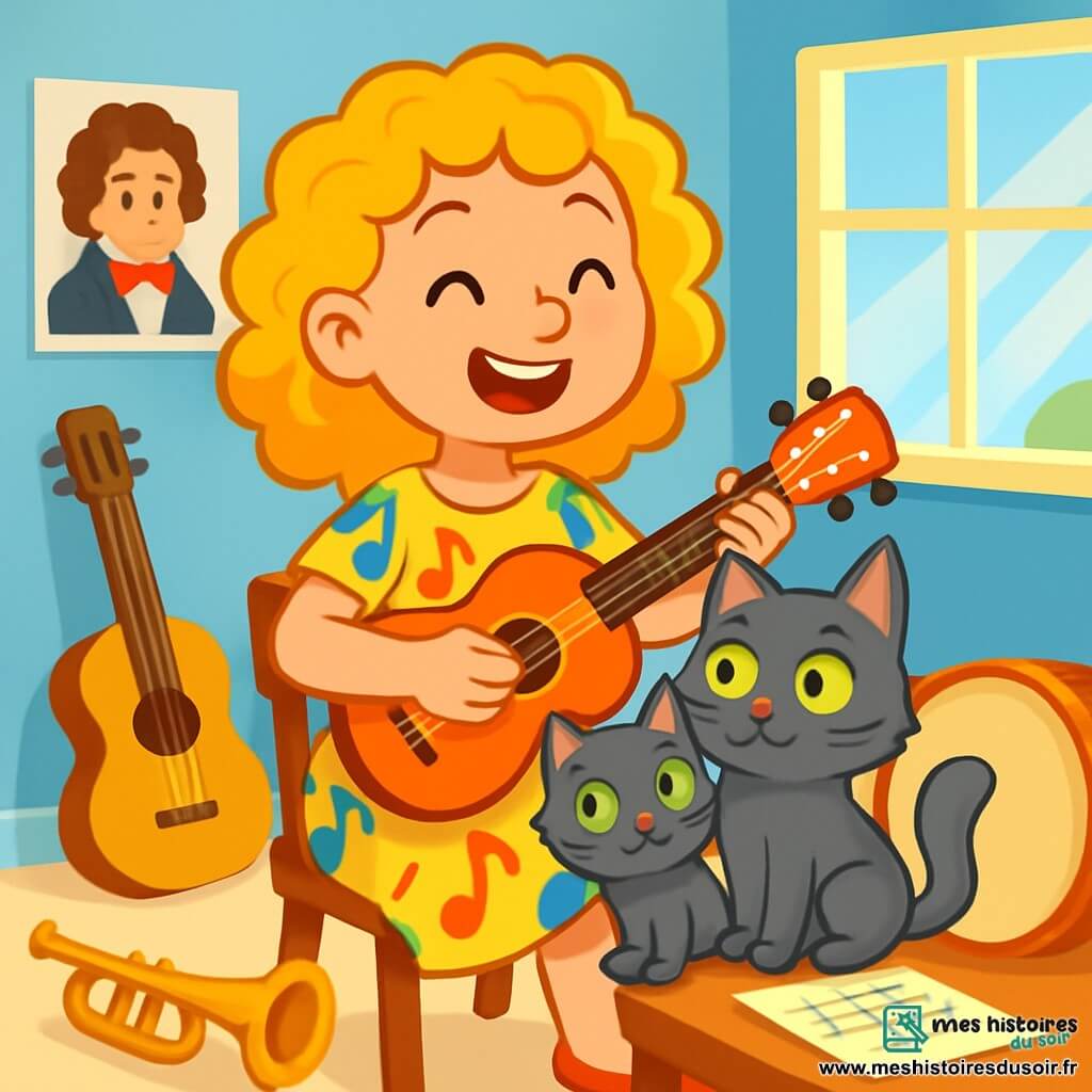 Mélodie, une jeune femme joyeuse aux cheveux bouclés et dorés, porte une robe colorée ornée de notes de musique. Elle sourit, assise sur une chaise en bois, un ukulélé brillant entre ses mains. À côté d'elle, Pompon, son chat gris aux yeux verts, est confortablement installé sur ses genoux. La scène se déroule dans une salle de musique lumineuse, avec des murs bleu ciel et des affiches de musiciens célèbres. Des instruments sont éparpillés autour d'elle, et des rayons de soleil filtrent à travers les fenêtres, créant une ambiance chaleureuse. Mélodie compose une nouvelle chanson, ses doigts dansent sur les cordes du ukulélé, remplissant la pièce de musique et de bonheur.