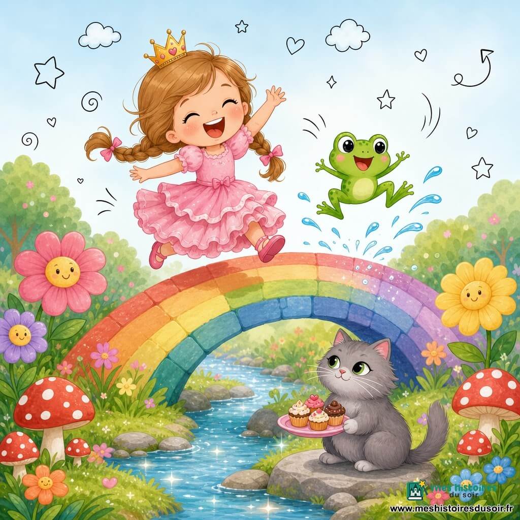 Une princesse joyeuse aux tresses châtain clair en robe rose à volants et petite couronne dorée saute en riant sur un pont arc‑en‑ciel; une grenouille verte malicieuse saute à côté en éclaboussant, et un chat gris duveteux tient une assiette de petits gâteaux assis sur une pierre sous le pont; jardin magique coloré avec fleurs souriantes, champignons rouges à pois blancs, ruisseau scintillant, ciel bleu clair et petites étoiles doodle ajoutant de la fantaisie.