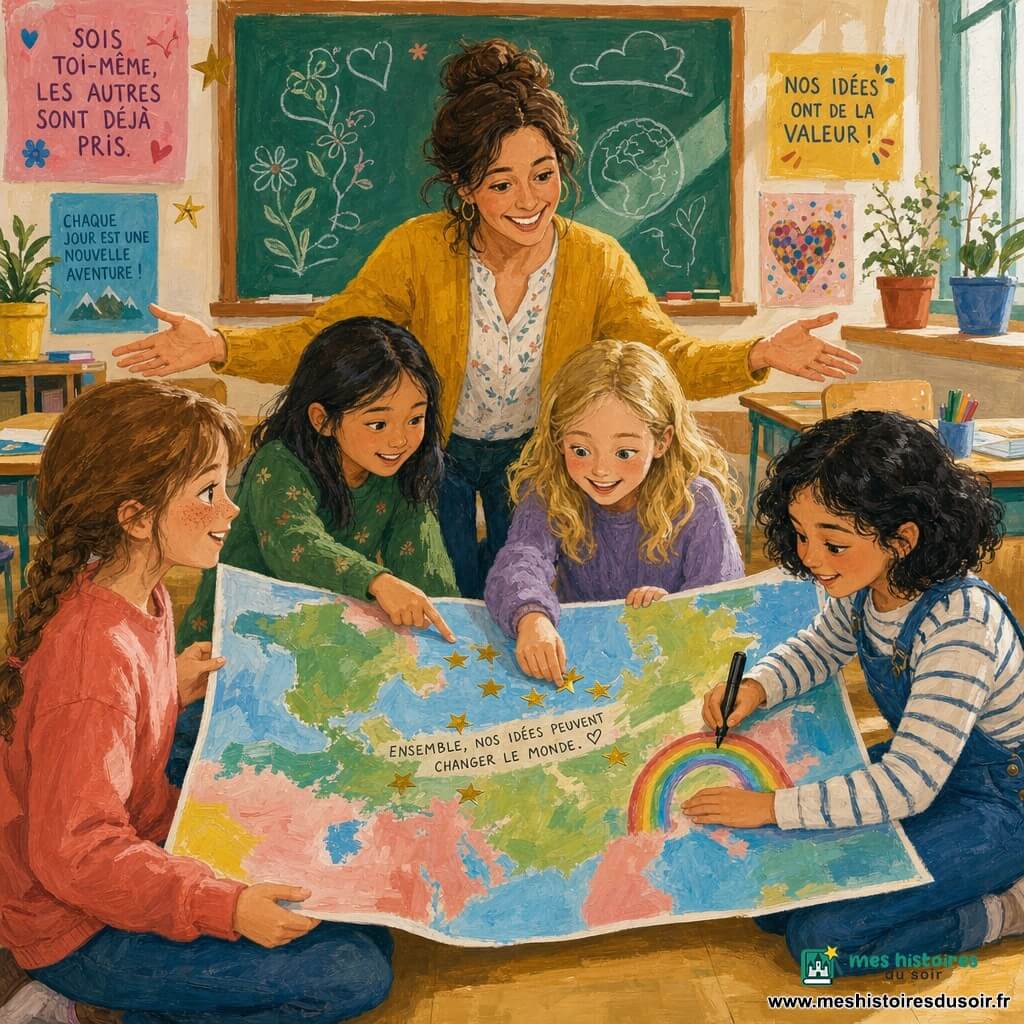 Cinq personnages dans une salle de classe lumineuse et chaleureuse : Coline, ~9 ans, cheveux châtain clair en tresse, tient le coin gauche d'une grande carte ; Maya, ~9 ans, peau claire, cheveux noirs courts et frisés, dessine des arcs‑en‑ciel à droite avec un gros feutre ; Ambre, ~9 ans, blonde, colle des étoiles dorées au centre ; Nour, ~9 ans, cheveux foncés lisses, pointe une ligne de texte lisible entre Coline et Ambre ; la maîtresse, 30–40 ans, cheveux en bun, s'agenouille et les remercie en les serrant dans ses bras. Les filles déploient une carte géante multicolore aux textures peintes, lettres noires espacées sur fond pastel, gommettes étoiles et cœurs, touches épaisses d'acrylique dans une palette vive (jaune moutarde, corail, vert tilleul, bleu ciel) ; décor : pupitres en bois clair, tableau vert couvert de dessins, affiches colorées et plantes sur le rebord, sol lino beige.
