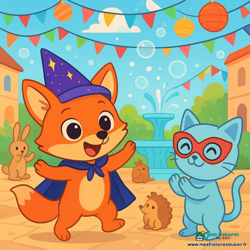 Un petit renard roux nommé Lulu porte un chapeau pointu scintillant et une cape bleu nuit. Ses grands yeux brillent d'excitation alors qu'il danse joyeusement sur la place animée. À ses côtés, un chat bleu pâle nommé Miska, avec des lunettes rondes et un masque de carnaval, sourit timidement en battant des mains au rythme de la musique. La place est décorée de guirlandes colorées et de lampions flottants. Des animaux en fête, comme des lapins et des hérissons, se rassemblent autour d'une fontaine chantante, créant une atmosphère joyeuse. Lulu et Miska, entourés d'amis, participent à une danse entraînante, tandis que des bulles de savon brillent au-dessus d'eux, ajoutant une touche magique à cette scène de carnaval.