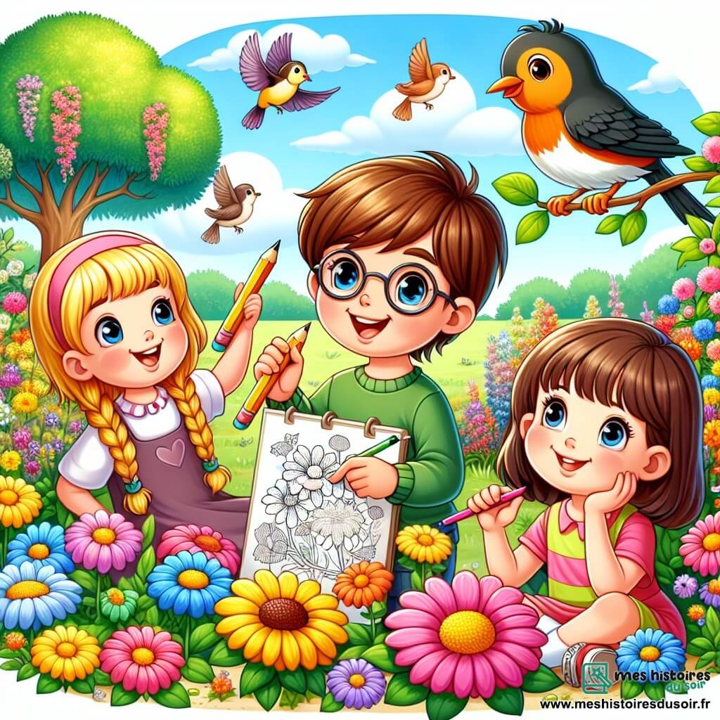 Au centre de l'image, Léo, un garçon de 7 ans avec des cheveux bruns et des lunettes, sourit en tenant un crayon coloré. À sa droite, Mia, une fille de 6 ans avec des cheveux blonds en tresses, admire les fleurs colorées. À gauche, Tom, un garçon de 8 ans avec des cheveux noirs et un t-shirt vert, montre un rouge-gorge sur une branche. Zoé, une fille de 7 ans avec des cheveux châtains et une robe rose, dessine des fleurs par terre. Le jardin est en pleine floraison avec des fleurs jaunes, rouges et bleues, et des abeilles bourdonnent. En arrière-plan, un grand arbre et un ciel bleu avec des nuages blancs. Les enfants s'amusent, chantent et dessinent, célébrant la beauté du printemps.