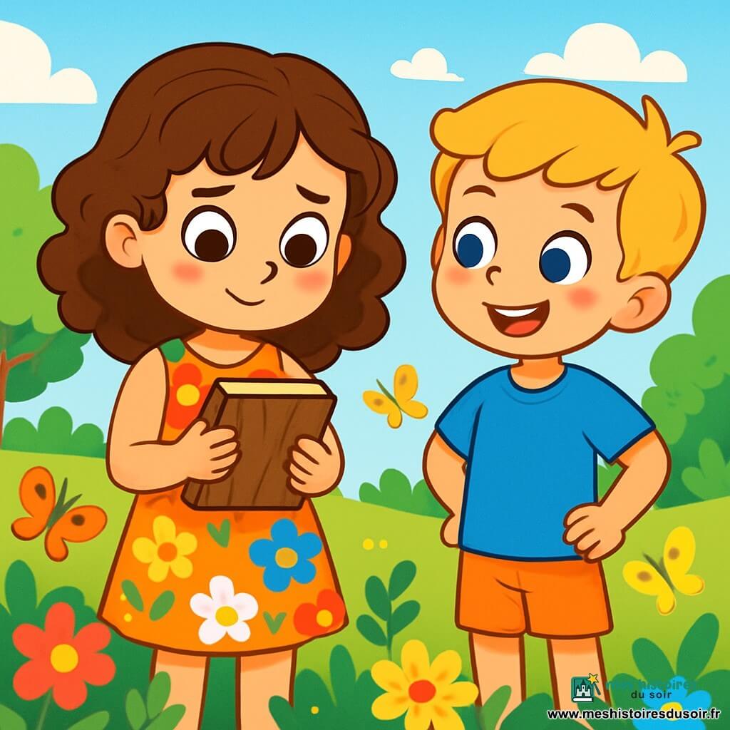 Lucie, une petite fille de 6 ans aux grands yeux brillants et aux cheveux châtains bouclés, se tient dans un jardin ensoleillé, affichant une expression de curiosité et d'hésitation. Elle porte une robe à fleurs colorées et tient un carnet en bois, regardant le sol avec un léger sourire timide. À côté d'elle, son meilleur ami Maxime, également âgé de 6 ans avec des cheveux blonds et des yeux pétillants, la regarde avec émerveillement, prêt à écouter son histoire. Le jardin est rempli de fleurs éclatantes, avec des papillons virevoltant et des arbres verdoyants. Lucie et Maxime sont au cœur d'une conversation, Lucie hésitant à révéler son secret sur le carnet magique. L'atmosphère est joyeuse mais un peu tendue.