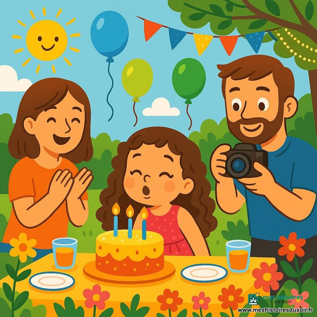 Léa, une petite fille de 4 ans avec de longs cheveux bouclés et des yeux pétillants, souffle sur les bougies de son gâteau d'anniversaire. Elle porte une robe rose pailletée et sourit joyeusement. À ses côtés, sa maman applaudie fièrement et son papa, avec une barbe douce, prend des photos. La scène se déroule dans un jardin ensoleillé, décoré de ballons colorés et de guirlandes scintillantes, avec des fleurs multicolores et une table dressée. Entourée de sa famille, Léa est prête à souffler ses bougies, créant une atmosphère de bonheur et de célébration.