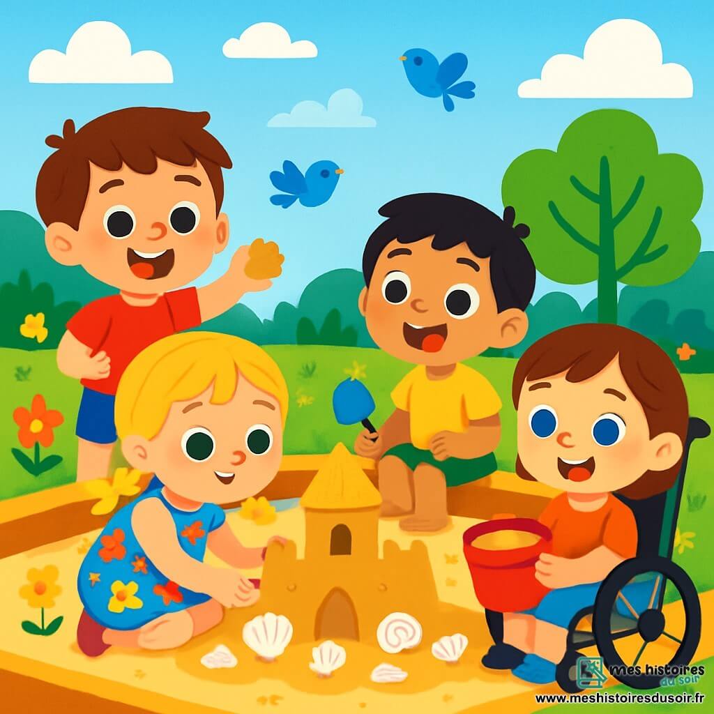 Quatre enfants jouent ensemble : Léo, 3 ans, cheveux bruns, t-shirt rouge et short bleu, montre du sable ; Emma, 3 ans, cheveux blonds en tresses, robe à fleurs, place des coquillages ; Max, 3 ans, cheveux noirs, t-shirt jaune et short vert, est assis avec une pelle ; Clara, 3 ans, cheveux châtains, dans un fauteuil roulant décoré, sourit en tenant un seau de sable. Ils sont dans un parc ensoleillé avec un bac à sable doré, entourés de fleurs et d'arbres. Ensemble, ils construisent un château de sable, illustrant la joie de l'amitié.