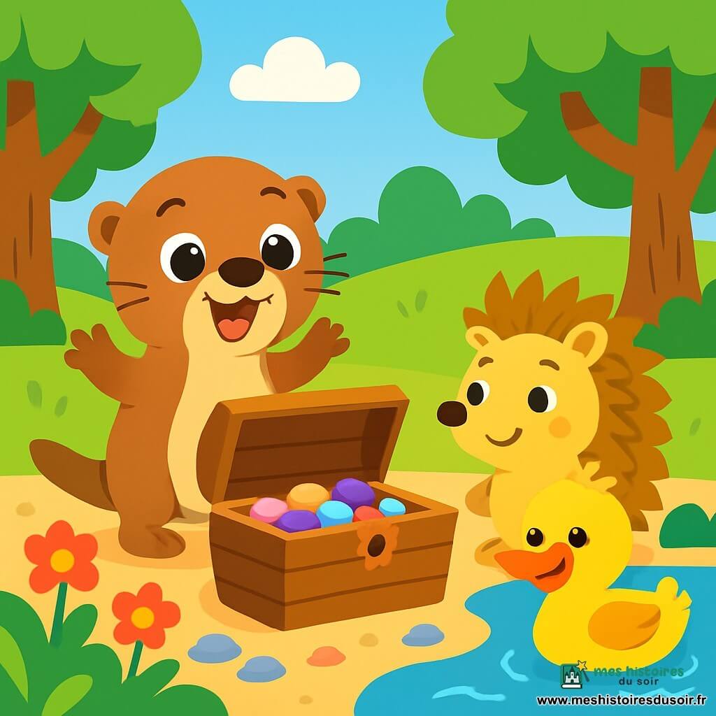 Lila la petite loutre, excitée et aux grands yeux pétillants, se tient devant une vieille boîte en bois, prête à l'ouvrir. À côté d'elle, Titou le hérisson, avec son sourire malicieux, observe la boîte avec curiosité. Pipo le canard nage joyeusement dans l'eau, prêt à célébrer la découverte. La scène se déroule près d'une rivière scintillante, entourée d'arbres aux feuilles vertes et de fleurs colorées. Lila et ses amis découvrent un trésor caché dans la boîte, rempli de galets brillants et de coquillages colorés, partageant un moment de joie au bord de la rivière.
