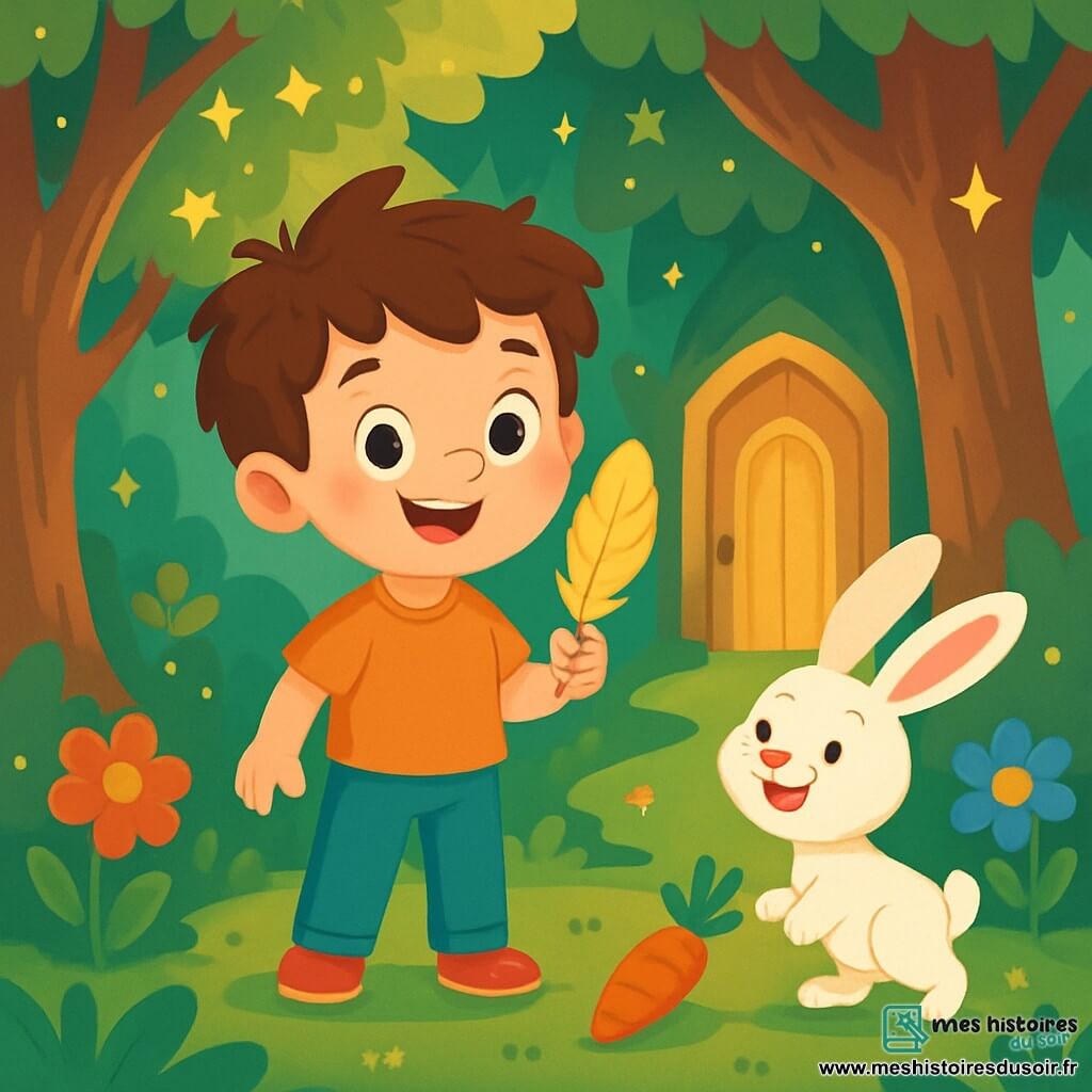 Un petit garçon nommé Léo, âgé de 7 ans, avec des cheveux bruns en désordre et des yeux curieux, se tient au centre de la scène, souriant émerveillé avec une plume dorée. À ses côtés, un lapin blanc joyeux saute autour de lui, cherchant sa carotte magique. Ils se trouvent dans une forêt magique avec des arbres majestueux aux feuilles scintillantes et des fleurs colorées chantant doucement. Devant un grand arbre aux branches ouvertes, révélant une porte dorée, Léo, déterminé et heureux, est prêt à entrer dans le jardin enchanté, encouragé par le lapin.