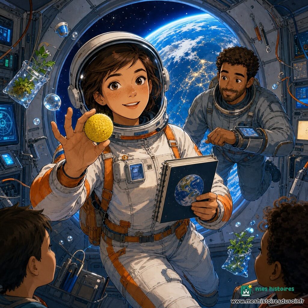 Une astronaute d’environ 30 ans, cheveux bruns courts, visage souriant et fier, tient une petite balle en mousse jaune et un carnet avec une photo de la Terre, flottant face à une caméra en combinaison spatiale blanche et orange, casque visière relevée, posture détendue et confiante; un homme (Marco), ~35 ans, cheveux bouclés châtain et barbe courte, flotte derrière et à droite en combinaison grise, sourit en regardant une tablette au poignet, expression attentive. À travers un grand hublot rond, la Terre apparaît immense, bleu vif avec nuages et lueur atmosphérique, la lumière bleue éclaire l’intérieur du module rempli de panneaux gris, câbles, outils accrochés, écrans rétro-futuristes et quelques plantes en sachets; objets et bulles d’eau flottent. Scène de conférence en direct : l’astronaute explique en gesticulant, la balle en mousse sert d’accessoire pédagogique, atmosphère chaleureuse et rassurante. Style graphique : encre colorée, traits nets, palette douce dominée par bleus, blancs et touches d’orange, textures légères et éclairage contrasté entre intérieur tamisé et lumière de la Terre.