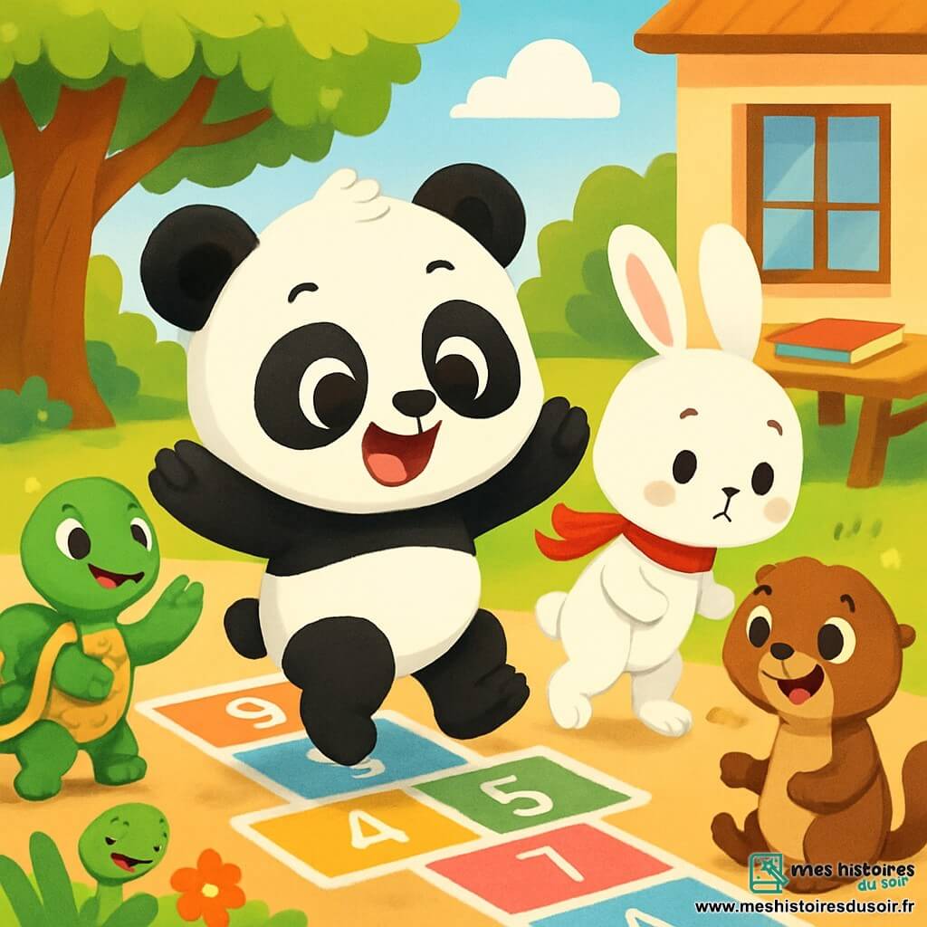 Nino le petit panda, avec son pelage noir et blanc et ses grands yeux joyeux, saute de bonheur sur une marelle colorée dessinée à la craie. À côté de lui, Milo le petit lapin blanc, aux longues oreilles, essaie de sauter avec un air concentré. Titi la tortue, avec sa carapace verte, les encourage, tandis que Lila la loutre rit en les regardant. La scène se déroule dans une cour d'école ensoleillée, entourée d'arbres et de fleurs colorées, avec des crayons et des livres éparpillés sur les tables. Nino et ses amis s'amusent ensemble, partageant des moments de joie et d'amitié.