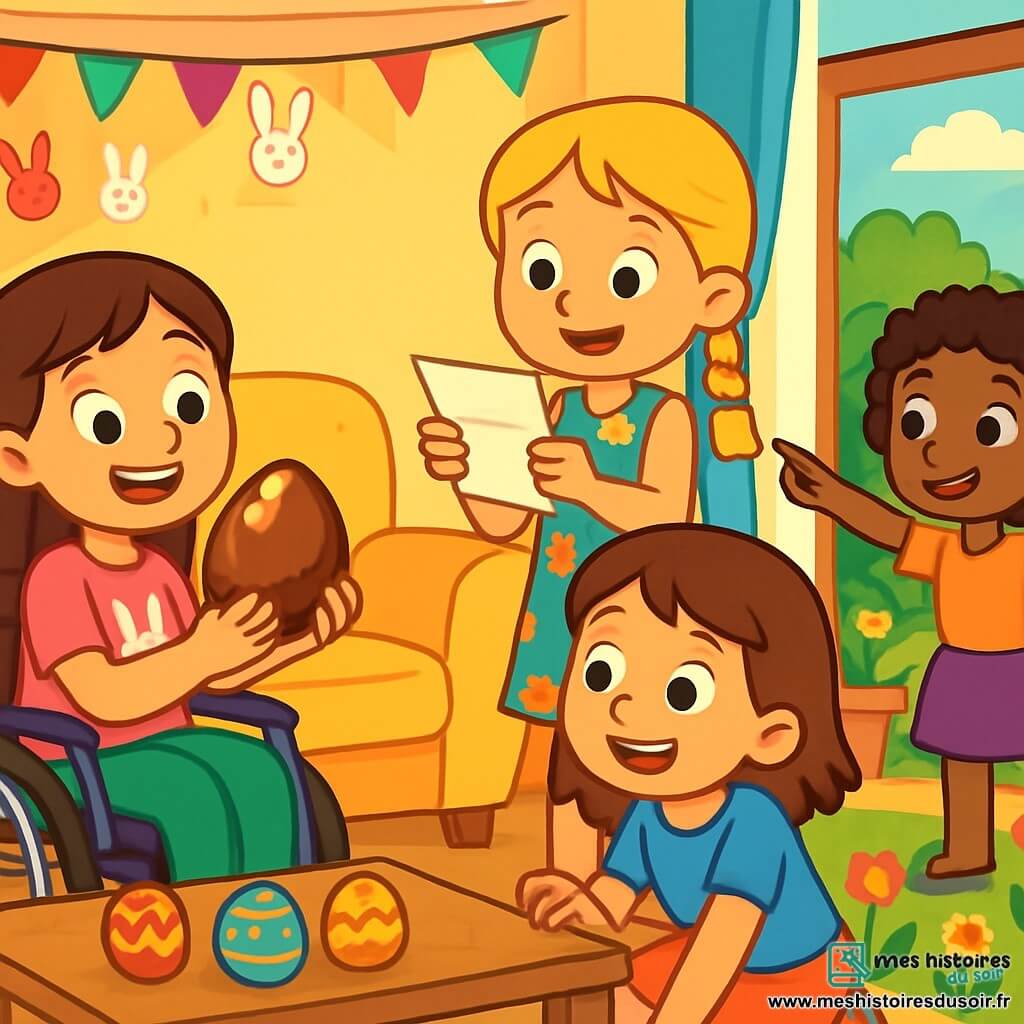 Quatre enfants participent à une chasse aux indices : Léa, 8 ans, est en fauteuil roulant, souriante avec un œuf en chocolat. Emma, 7 ans, lit un indice à côté d'elle. Chloé, 8 ans, cherche un indice près d'un coussin, et Zoé, 7 ans, pointe un indice caché dans le jardin. Le salon est lumineux, décoré de guirlandes et d'œufs en chocolat, tandis qu'un jardin fleuri s'étend à l'extérieur. L'ambiance est festive, illustrant l'esprit de Pâques et l'amitié.