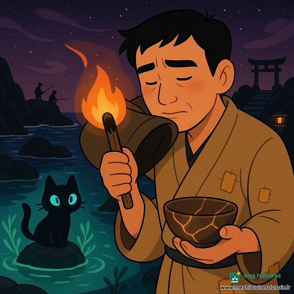 Un homme adulte aux traits doux, cheveux noirs courts et mains calleuses, visage concentré et ému, ravive la dernière torche en protégeant la flamme naissante avec sa manche; il porte un haori beige raccommodé d'or et tient de la main gauche un petit bol de kintsugi doré contenant une eau phosphorescente bleu-vert dont les filaments lumineux entourent le bol et alimentent la flamme. À gauche, un kami espiègle mi-ombre mi-reflet à la silhouette féline et aux yeux bleus flotte sur une pierre au-dessus d'un bassin lumineux; au loin deux pêcheurs silhouettes observent depuis les rochers. Le sanctuaire marin, perché sur des rochers noirs avec marches de pierre mouillées et lanternes alignées, est baigné d'une atmosphère nocturne claire — ciel prune étoilé, vent en rubans de brume, contrastes de textures bois/pierre/or et palette chaude pour la flamme et froide pour la mer — instant suspendu de tendresse et de réconciliation.
