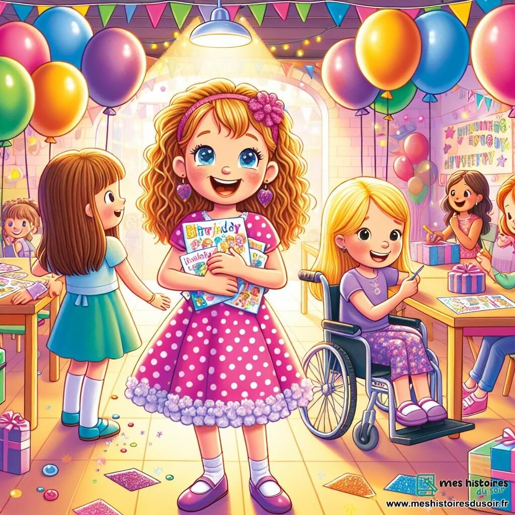 Trois personnages principaux : Léa, une fille de six ans avec des cheveux bouclés et des yeux pétillants, porte une robe rose à pois et sourit joyeusement en tenant des invitations colorées. Emma, à gauche de Léa, a des cheveux lisses et bruns, porte un t-shirt bleu et une jupe à fleurs, et dessine des ballons. Zoé, à droite de Léa, est en fauteuil roulant, a des cheveux blonds et porte une robe violette, ajoutant des paillettes aux invitations. La scène se déroule dans une salle de classe lumineuse, décorée de guirlandes et de ballons, avec des tables joyeusement nappées et un tableau noir rempli de dessins d'anniversaire. Les trois amies préparent la fête d'anniversaire de Léa dans une ambiance festive et joyeuse.