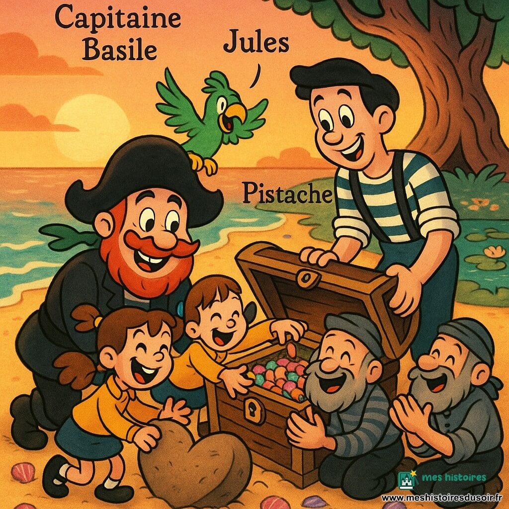 Le Capitaine Basile, moustache rousse ronde, grand chapeau noir cabossé, agenouillé et souriant, pousse un rocher en forme de cœur et découvre un coffre ancien avec malice ; Lili, 8 ans, cheveux bruns en couettes, veste jaune et jupe bleue, à gauche de Basile, rit et tend la main vers les bonbons ; Jules, 16–18 ans, grand et costaud, chemise rayée et bretelles, à droite, aide à soulever le couvercle ; Pistache, perroquet vert vif, ailes déployées sur l’épaule de Basile, crie de joie ; plusieurs pirates secondaires aux barbes grises et tenues marines usées, surpris puis souriants, applaudissent et partagent des bonbons autour du coffre ; scène sur une plage de sable doré au coucher de soleil, avec un grand arbre creux aux racines noueuses, une lagune aux nénuphars et coquillages colorés, vagues douces et ciel orange-rose ; ambiance chaleureuse et naïve, partage et rire, compositions arrondies, couleurs saturées, ombres douces, textures lisses, contours épais et silhouettes lisibles, focus sur visages expressifs et proportions caricaturales.