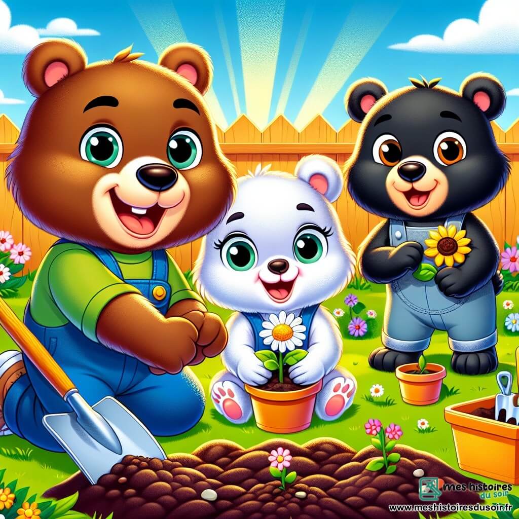 Un ours brun joyeux, Martin, creuse un trou dans la terre avec ses pattes. À côté de lui, une petite ourse blanche, Léa, plante des graines de marguerites avec enthousiasme. Un ourson noir, Tom, se tient un peu plus loin, prêt à planter une graine de tournesol, fier de son travail. La scène se déroule dans la cour de l'école, remplie de terre brune et de petits outils de jardinage colorés, sous les rayons de soleil. Les fleurs commencent à pousser, créant un tableau vivant. Les trois amis travaillent ensemble, riant et s'encourageant, illustrant l'esprit d'équipe et l'amitié dans leur projet de jardin.
