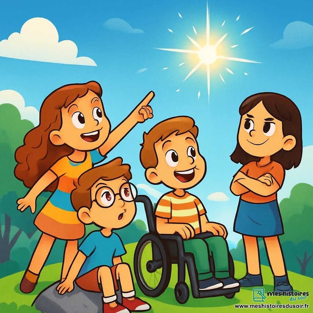 Quatre enfants se trouvent sur une colline verdoyante surplombant le parc de Luminette. Emma, 9 ans, avec de longs cheveux bouclés, pointe du doigt une lumière scintillante dans le ciel. Lucas, 10 ans, rêveur avec des lunettes rondes, est assis sur une pierre, fasciné par la lumière. Mia, 9 ans, courageuse avec des cheveux raides, est debout, les bras croisés, prête à explorer. Tom, 9 ans, souriant et en fauteuil roulant, est à côté d’Emma, riant avec elle. Le ciel bleu est parsemé de nuages blancs, et la lumière mystérieuse crée une atmosphère magique. Les enfants, captivés, sont prêts à partir à l'aventure pour découvrir l'origine de cette lumière et les créatures qui l'ont envoyée.