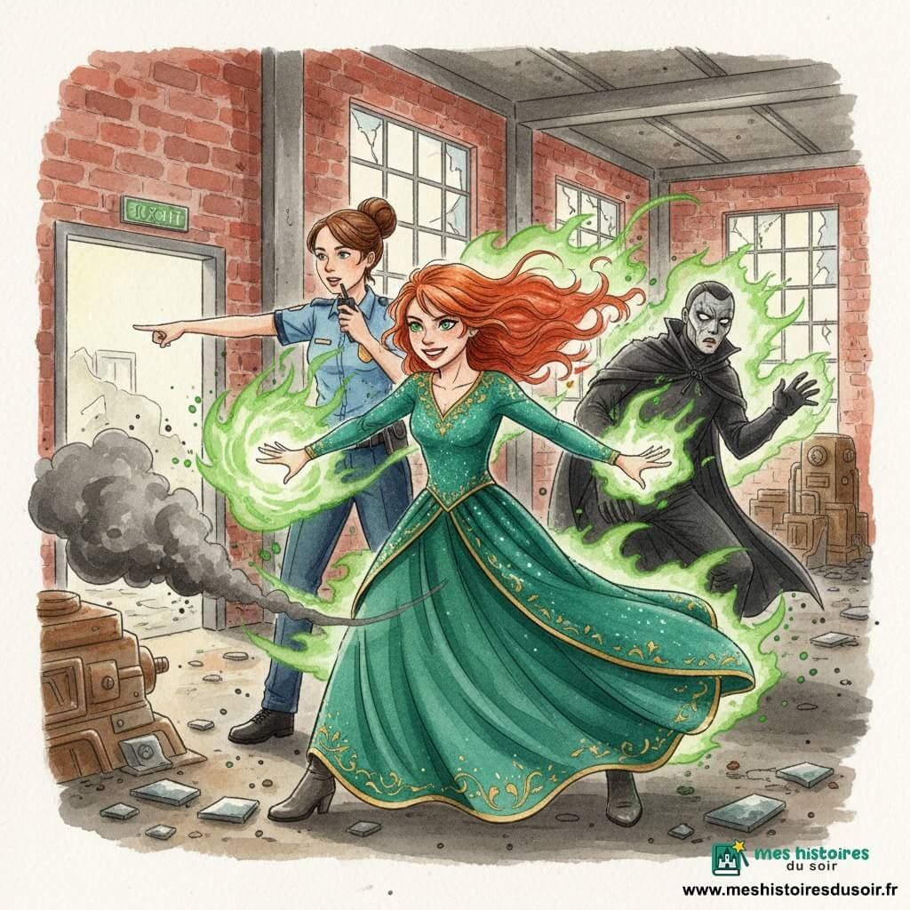 Lila, héroïne aux cheveux roux et yeux verts, en robe émeraude à motifs dorés, crée un tourbillon de flammes vertes au centre tandis qu’elle lance une boule de feu émeraude; derrière elle, Cassie, policière aux cheveux bruns en chignon et uniforme bleu, appelle des renforts en pointant vers la sortie; le vilain, le Fantôme Noir, capé et masqué, recule, surpris dans la lueur verte; décor : vieille usine abandonnée aux murs de briques écaillées, grandes fenêtres brisées, machines rouillées et éclats de verre; la scène, éclairée par la boule de feu et une fumée noire, est rendue en aquarelle aux couleurs dominantes émeraude, rouges chauds et gris industriel, avec lignes fluides, textures visibles et bords estompés.