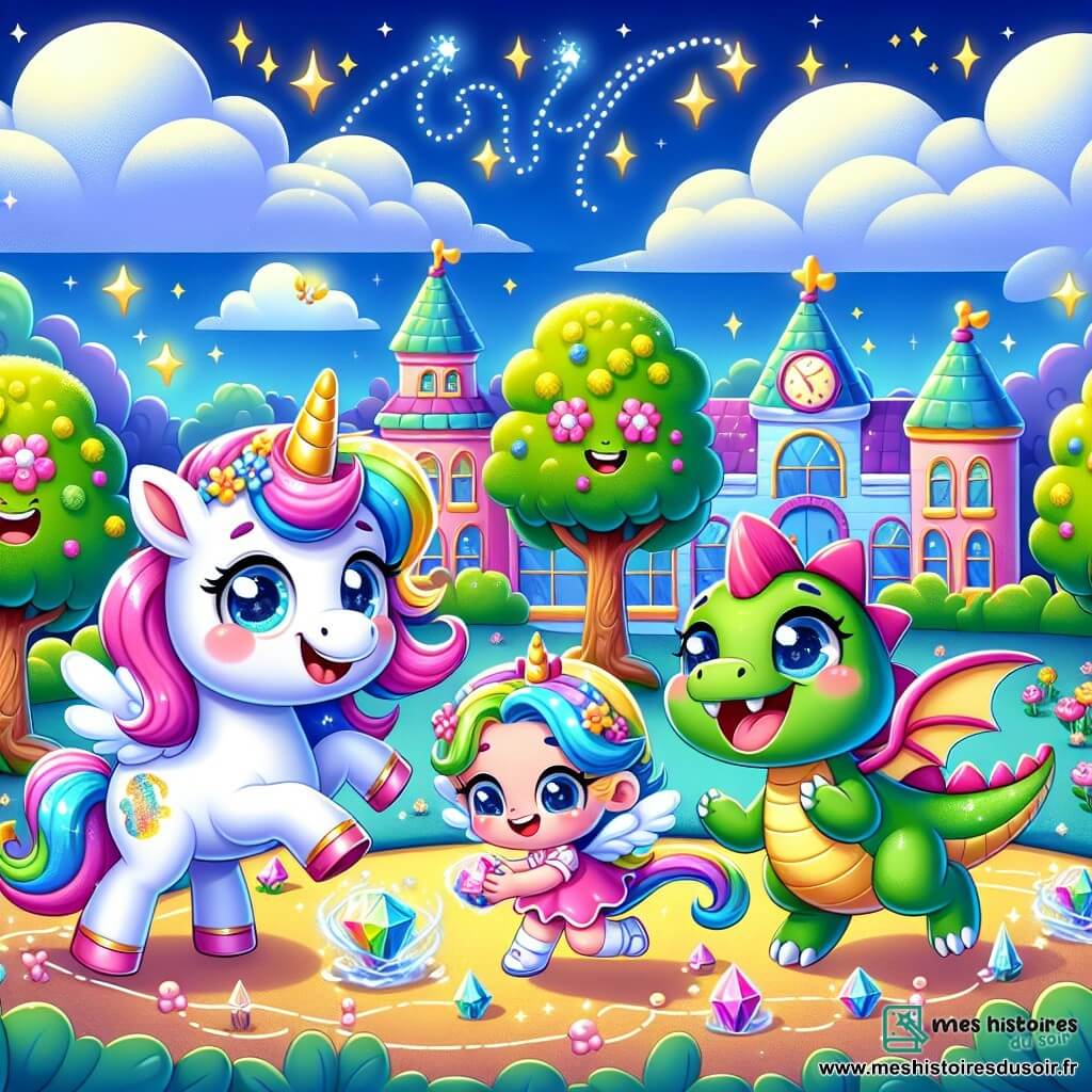 Illustration d'une petite licorne joyeuse avec une crinière scintillante aux couleurs changeantes, sautillant dans la cour d'une école. À ses côtés, un dragon miniature aux écailles vertes joue à la tag magique, tandis qu'une petite fée souriante, tenant une pierre précieuse, les observe. La cour est enchantée, entourée de fleurs chantantes et de grands arbres dorés, avec un bâtiment scolaire coloré en arrière-plan. La scène montre la licorne, le dragon et la fée s'amusant ensemble, entourés d'étincelles de magie, créant une atmosphère festive. Des nuages doux et des étoiles scintillantes ajoutent une touche féerique à l'ensemble.