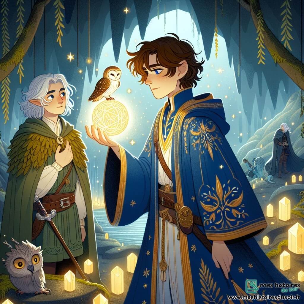 Un mage nommé Alaric se tient au centre, vêtu d'une longue robe bleue ornée de motifs dorés, les cheveux bruns flottant au vent. Son visage exprime détermination et émerveillement alors qu'il tient l'Orbe de Lumière, une sphère brillante émettant des éclats dorés. À sa droite, Luna, une chouette aux plumes blanches et dorées, est perchée sur son épaule, ses grands yeux ronds observant attentivement. À gauche, Elion, un elfe de 150 ans aux cheveux argentés et oreilles pointues, porte une tunique de feuilles et une épée à la ceinture, affichant un sourire de fierté. Le décor est une grotte de la Montagne du Crépuscule, illuminée par des cristaux scintillants et couverte de mousse, avec une légère brume ajoutant du mystère. Alaric lève l'Orbe de Lumière, entouré d'une aura éclatante, tandis qu'Elion et Luna l'observent avec admiration, symbolisant l'espoir et la magie renaissante dans le royaume de Luminara.