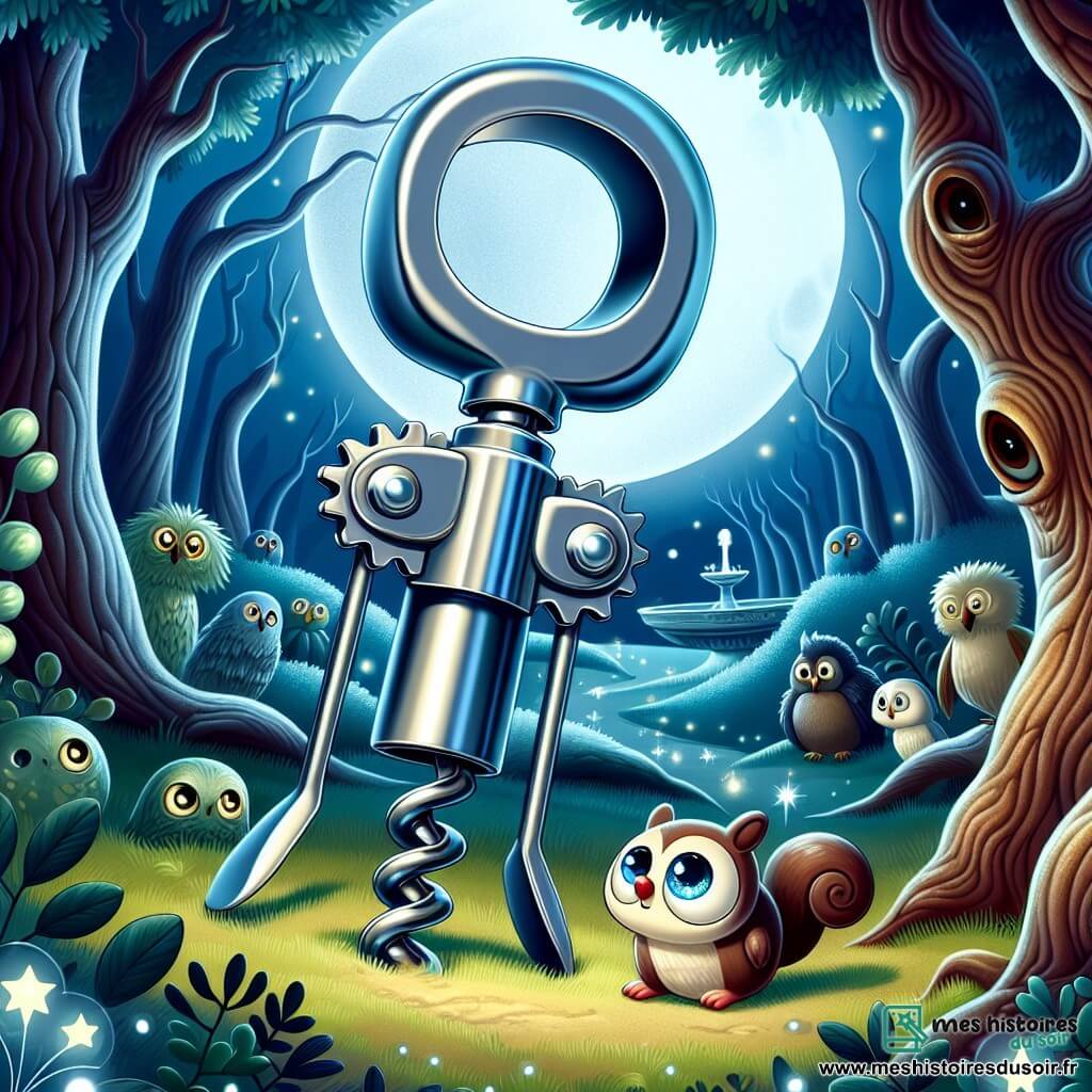 Illustration d'un tire-bouchon en métal brillant, avec des yeux ronds et une expression déterminée mais nerveuse, au centre d'une clairière éclairée par la lune, entouré d'arbres noueux. Près de lui, un écureuil craintif se cache derrière un buisson, tandis qu'un hibou curieux l'observe. La clairière est magique, avec une fontaine scintillante au centre, entourée de fleurs luminescentes. Le tire-bouchon se prépare à affronter une ombre mystérieuse, symbolisant ses peurs, tandis que les animaux le regardent avec admiration et appréhension.