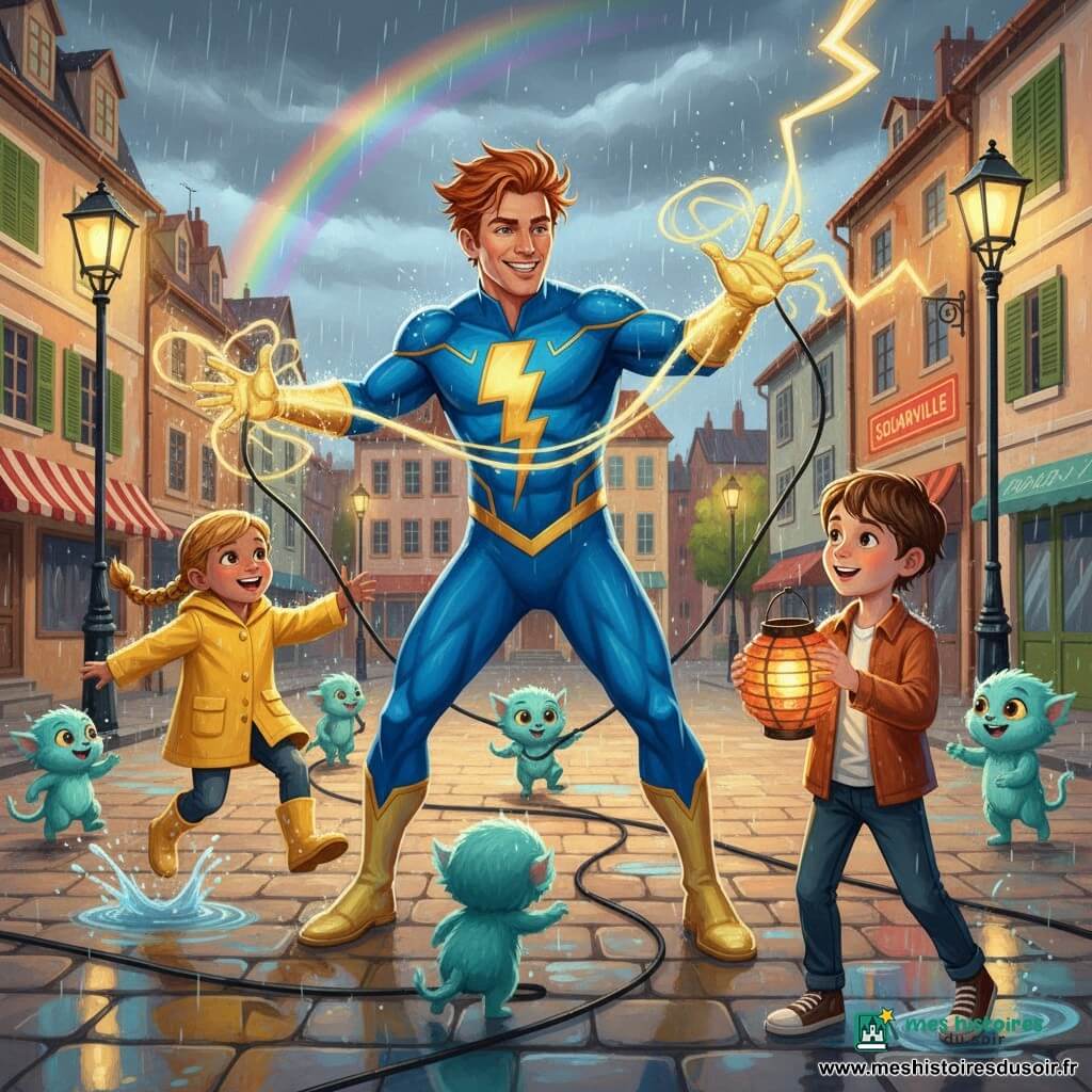 Un homme souriant et déterminé, Électro-Zap, cheveux cuivrés ébouriffés, costume bleu orné d'éclairs dorés et gant brillant, tend les mains et envoie des filaments lumineux jaunes et argent qui reconnectent des câbles sous la pluie ; un garçon émerveillé en manteau rouge tient un petit lampion à droite d'Électro-Zap, une fillette en imperméable jaune saute de joie à gauche tandis que de petites créatures turquoise aident en tirant les fils et dansent autour des câbles mouillés ; la scène se déroule sur la grande place pavée de Solarville, entre façades colorées et lampadaires en fer forgé, flaques reflétant des néons et un ciel orageux traversé d'un arc‑en‑ciel naissant, moment chaleureux et héroïque de rétablissement de la lumière avec gouttes peintes en traits brillants.