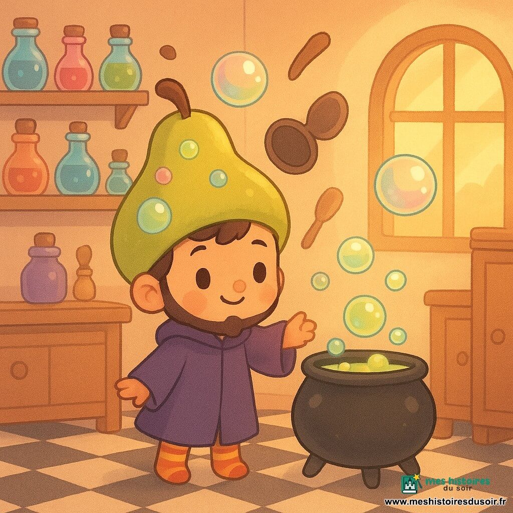 Le jeune sorcier Gaspard, avec sa barbe minuscule et ses chaussettes rayées, arbore une expression curieuse et amusée. Son chapeau en forme de poire libère des bulles brillantes. L'une s'envole vers la fenêtre, une autre roule vers l'armoire, et la dernière plonge dans la marmite. La scène se déroule dans une cuisine magique, avec des étagères pleines de potions colorées et des ustensiles flottants. Le sol est en damier noir et blanc, et une grande fenêtre diffuse une lumière douce et dorée.