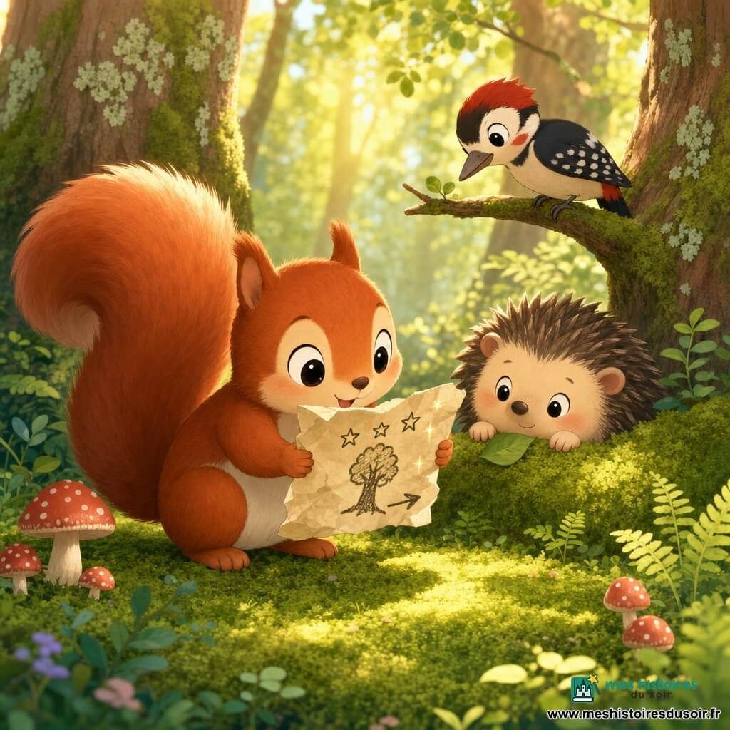 Noisette, petit écureuil roux au ventre blanc et à la queue duveteuse, tient une carte froissée montrant un arbre, trois étoiles et une flèche ; accroupi sur un tapis de mousse dans une forêt ensoleillée, il l’examine avec émerveillement pendant qu’un hérisson rond au sourire timide et un petit pic-forestier perché l’observent. Ambiance chaleureuse et mystérieuse de trésor caché, style couleurs pastel vives, lignes simples et textures douces.
