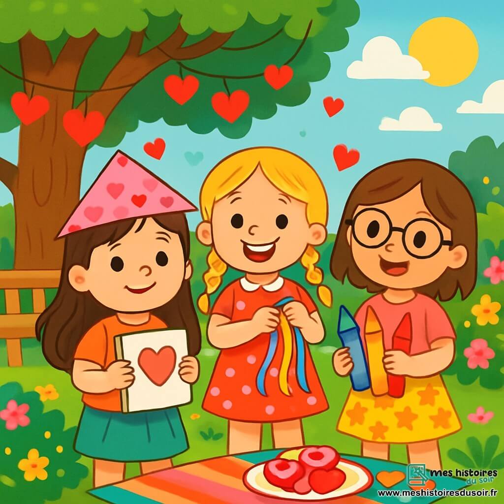 Trois personnages sont présents : Lucie, une petite fille de cinq ans avec de longs cheveux bruns, portant un chapeau en papier rose et tenant un carnet à dessins ; Zoé, avec des cheveux blonds en tresses, un grand sourire, vêtue d’une robe rouge à pois et tenant des rubans colorés ; et Emma, avec des cheveux châtains, des lunettes rondes, un t-shirt rose et une jupe à fleurs, tenant des crayons colorés. Elles se trouvent dans un jardin ensoleillé, entourées de fleurs et de guirlandes de cœurs. Ce jardin magique comprend un grand chêne, des bancs en bois, des buissons fleuris, des cœurs en papier accrochés aux branches et une nappe colorée avec des gâteaux roses et des bonbons en forme de cœur. Les trois amies préparent une fête de la Saint-Valentin, décorant le jardin avec des surprises et des messages de gentillesse, prêtes pour une chasse au trésor joyeuse.