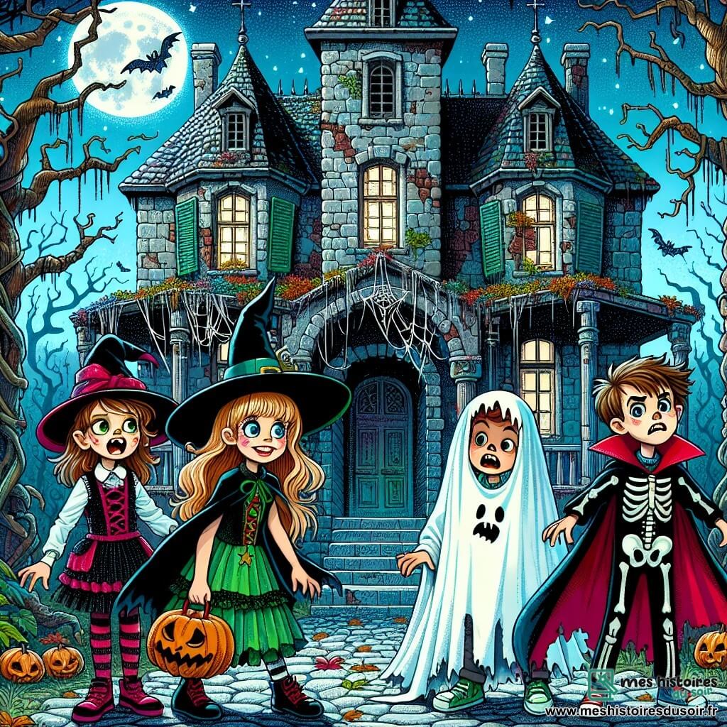 Quatre amis se tiennent devant un vieux manoir en ruine : Émilie, 10 ans, déguisée en sorcière, regarde le manoir avec curiosité. À sa droite, Léo, 11 ans en costume de squelette, fait un geste audacieux. Théo, 10 ans déguisé en vampire, affiche un air inquiet, tandis que Clara, 9 ans déguisée en fantôme, regarde le manoir avec émerveillement. Le manoir, imposant et délabré, est entouré d'arbres tordus et de toiles d'araignées. La lune éclaire la scène, créant des ombres mystérieuses. Les enfants, hésitant à entrer, sont sur le point de découvrir un ancien secret caché dans le coffre mystérieux du manoir.