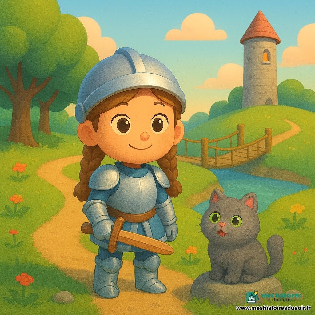 Jeune chevaleresse d'environ huit ans au visage rond, yeux grands et brillants et cheveux châtain clair en tresses, souriante et déterminée, en armure légère argent et bleu brillante, tenant une petite épée en bois devant elle, au premier plan d'un carrefour; à sa droite le chat Mousse, mâle gris au pelage duveteux et yeux verts, assis sur une pierre et miaulant en regardant les trois chemins distincts — une forêt d'arbres épais, un pont de bois suspendu au-dessus d'une rivière scintillante et une haute tour de pierre à fenêtre ronde — le sol couvert d'herbe douce, fleurs et quelques cailloux, sous une lumière douce de fin d'après-midi; style graphique aux formes simples et rondes, textures douces, couleurs vives et contrastées, ombres nettes de type cel-shading, atmosphère chaleureuse et rassurante.