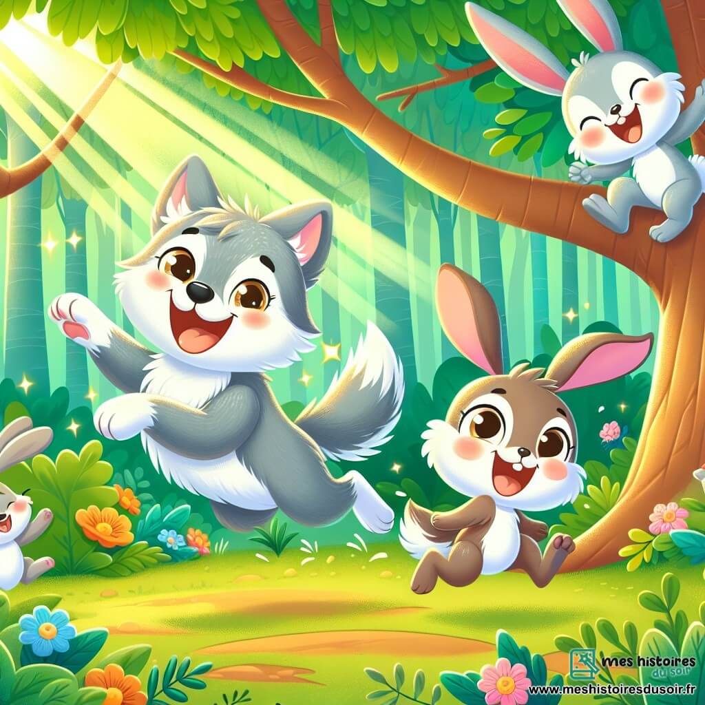 Un loup joyeux et espiègle avec un pelage gris et des yeux malicieux saute dans les airs, souriant. À ses côtés, un petit lapin aux grandes oreilles blanches rit en courant, tandis qu'une souris mignonne les suit en glissant. La scène se déroule dans une forêt enchantée avec des arbres épais, des feuilles vertes et des fleurs colorées. Des rayons de soleil illuminent le sol de taches dorées. Les amis jouent ensemble, courant et sautant, provoquant un éclat de rire collectif lorsqu'une branche craque sous leurs pattes.