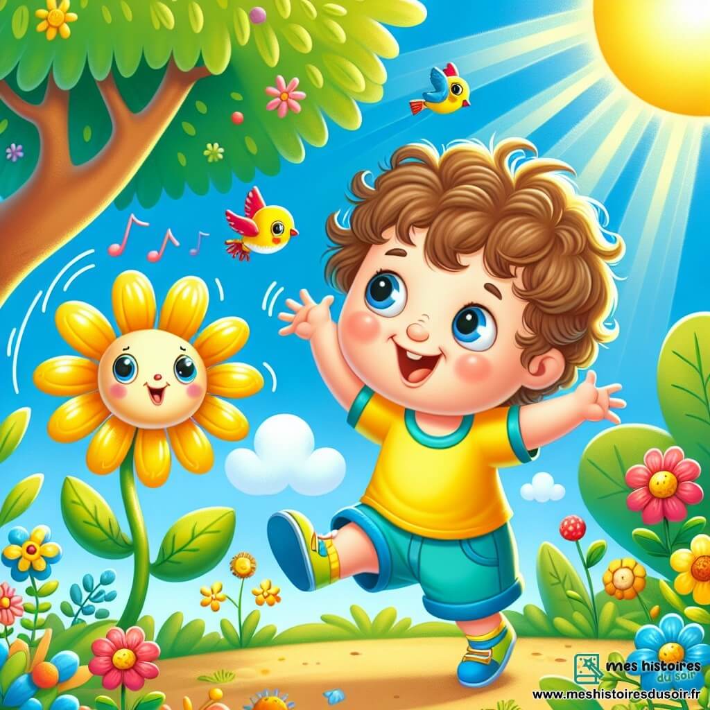 Un petit garçon de 2 ans, avec des cheveux bouclés et des yeux curieux, danse joyeusement dans un jardin ensoleillé, le visage rayonnant de bonheur. Il porte un t-shirt jaune et un short bleu, les bras levés vers le ciel. À côté de lui, une petite fleur jaune souriante semble lui parler, tandis qu'un oiseau coloré chante sur une branche. Le jardin est rempli de fleurs multicolores et d'arbres verts sous un ciel bleu clair. Le garçon tourne sur lui-même, émerveillé par la beauté de la nature, encouragé par la fleur et l'oiseau à exprimer sa joie.