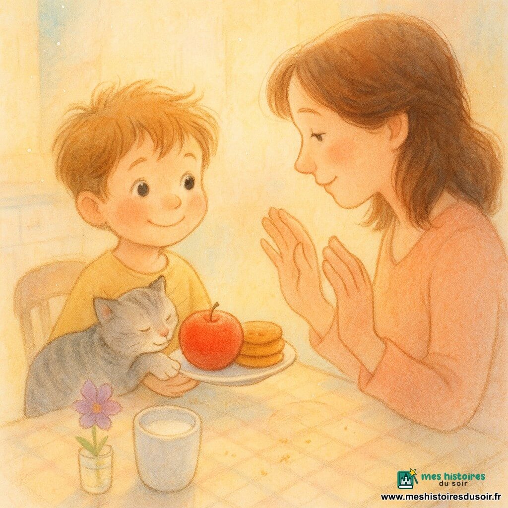 Un garçon de 4 ans au visage rond et cheveux châtain clair en bataille tend une petite assiette avec une pomme rouge et trois biscuits empilés à sa mère d'environ 32 ans, cheveux bruns lâchés, assise face à la table, les mains prêtes à l'enlacer, tandis que le chat gris Plume, pelage tigré, ronronne au coin de la table en posant une patte sur l'assiette; la cuisine baignée de lumière dorée du matin présente une table en bois clair avec nappe à carreaux pastel, une tasse de lait fumante, des miettes et une petite fleur violette dans un verre; ambiance en tons pastel chauds (jaune doux, rose pâle, bleu ciel) avec textures aquarelle floues et contours délicats au stylo gel blanc pour les reflets.