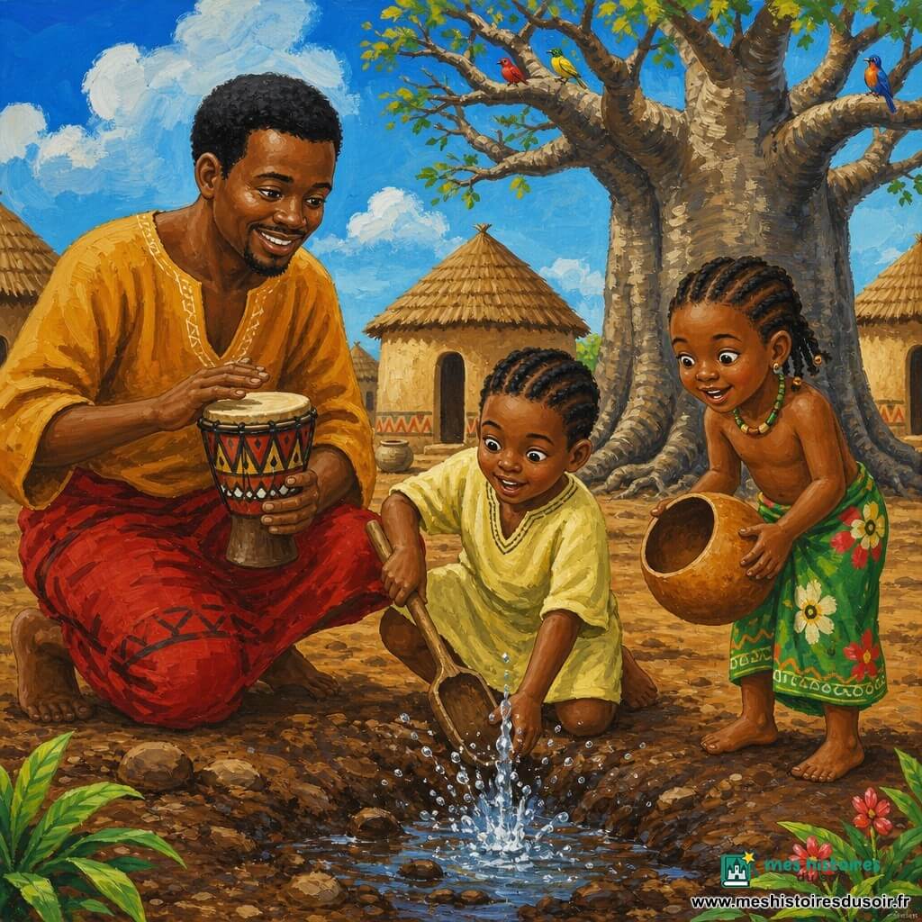 Un homme souriant à la peau brune, cheveux courts noirs, en tunique ocre et pagne rouge, frappe doucement un petit tambour peint ; un garçon d'environ six ans en robe jaune creuse avec une pelle et regarde l'eau jaillir d'un trou, une fille d'environ quatre ans en jupe verte à fleurs tient une calebasse vide près de lui, pieds dans la terre. Le village présente des cases rondes en torchis et toits de chaume, un grand baobab aux racines apparentes et des oiseaux sur les branches ; l'eau claire jaillit en gouttes sur la terre humide. Palette vive, coups de pinceau larges et textures d'acrylique, atmosphère chaleureuse, composition centrée sur l'homme et les enfants.
