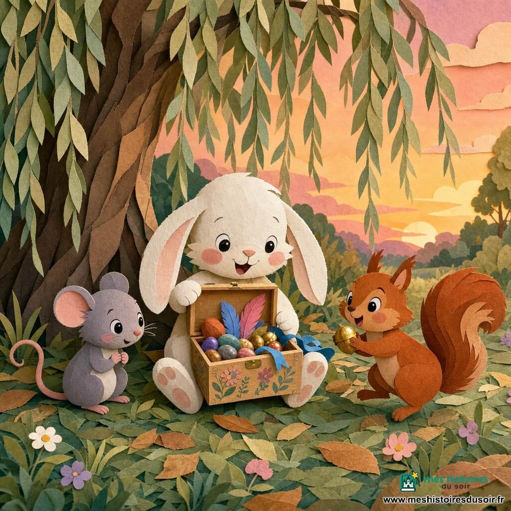 Petit Lapin, un petit lapin blanc aux longues oreilles et joues roses, tient sur ses genoux une petite boîte en bois décorée et ouverte; à sa gauche Souris, une petite souris grise, l’observe timidement, et à sa droite Écureuil, un écureuil roux à la queue touffue, brandit une noisette brillante. Ils sont réunis au pied d’un vieux saule aux branches pendantes, sur un tapis de feuilles et fleurs sauvages; la boîte contient galets colorés, plumes vives, noisettes dorées et un ruban bleu, créant une ambiance de partage, tendresse et émerveillement au crépuscule, avec une lumière douce orange-rose.