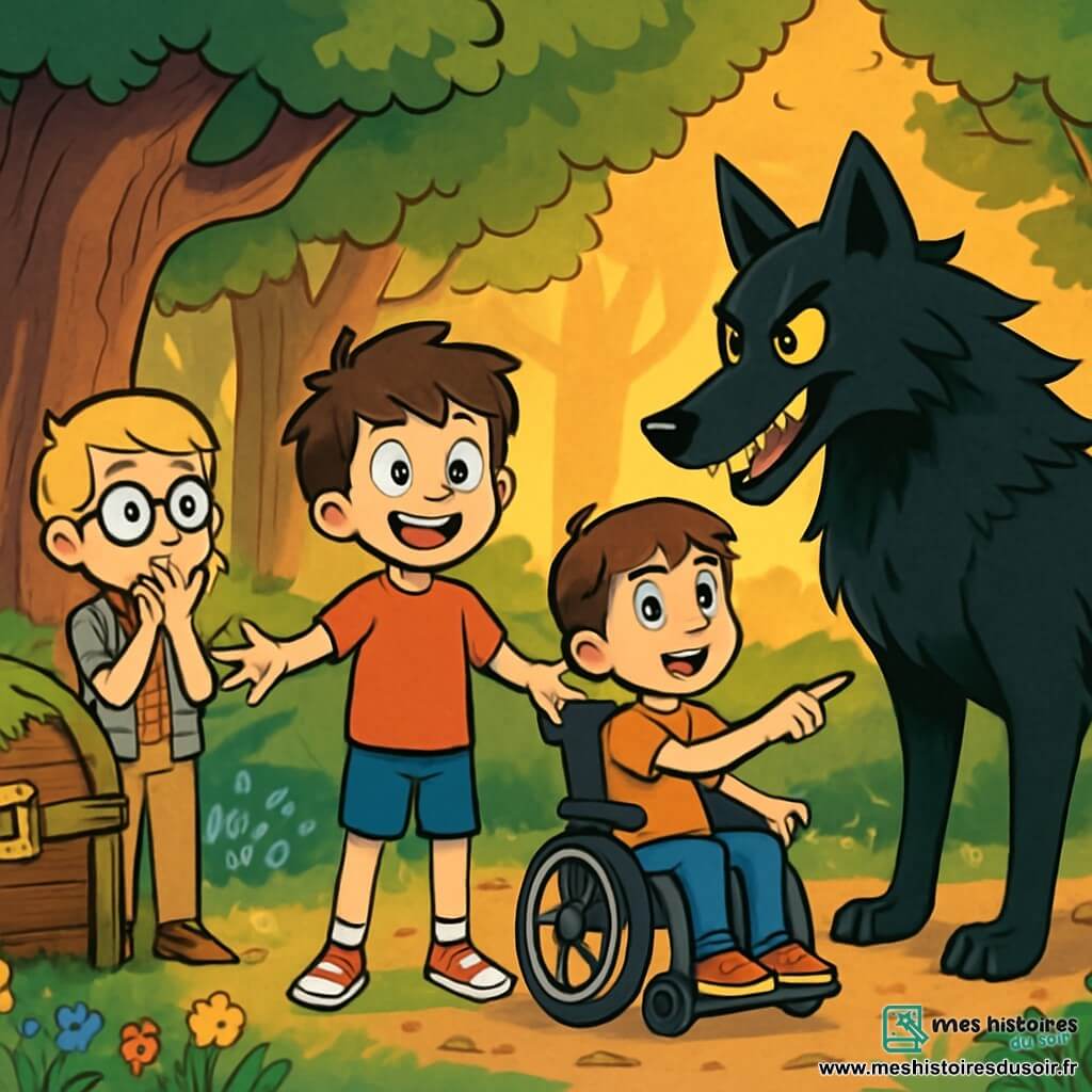 Quatre personnages se tiennent dans une clairière enchantée : Lucas, un garçon de 10 ans aux cheveux bruns en bataille et au t-shirt rouge, souriant au centre ; Max, avec des cheveux blonds et des lunettes rondes, en retrait et intrigué ; Romain, châtain et souriant, dans un fauteuil roulant décoré, pointant le loup avec enthousiasme ; et le grand méchant loup, majestueux avec son pelage noir et ses yeux brillants, affichant une expression curieuse. La clairière est entourée d'arbres géants et de fleurs sauvages colorées, avec un coffre en bois recouvert de mousse. Les garçons, bien que surpris, font preuve de courage et de curiosité face au loup, prêts à découvrir le secret du coffre.