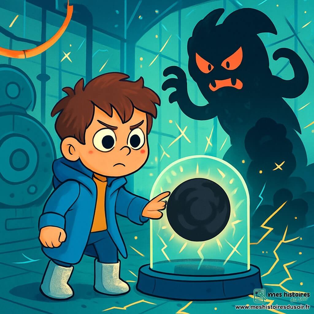 Un garçon de 6 ans, Milo, avec de grands yeux curieux et des cheveux châtains en désordre, porte un manteau de voyage bleu et des bottes d’argent scintillantes. Il a une expression déterminée et anxieuse en touchant une boule d'énergie noire au centre d'une pièce magique. À côté, une créature de fumée noire, menaçante avec des yeux rouges brillants, se tient en retrait, prête à attaquer. Des machines rondes et des câbles lumineux créent une ambiance futuriste, tandis que des murs en verre laissent passer des éclats de lumière. La pièce est remplie d'étincelles et de toiles d'araignées électriques, avec un dôme de verre au centre, où se trouve le noyau du futur, émettant une lueur triste. Milo, courageux, est prêt à affronter la créature pour sauver le futur, entouré d'éclats de lumière symbolisant la magie et l'espoir.