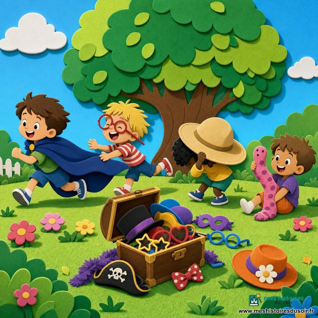 Quatre garçons dans un jardin ensoleillé sous un grand arbre : Léo (6 ans), cheveux bruns courts, porte une cape bleu nuit trop grande qui traîne et vole derrière lui ; Malo (6 ans), cheveux blonds en bataille, grosses lunettes rondes rouges qui déforment ses yeux, rit et tente de suivre Léo ; Sami (5 ans), cheveux noirs bouclés, chapeau géant beige presque avalant sa tête, penché en avant ; Tom (5 ans), châtain clair, porte une longue chaussette rose sur une jambe qu'il lève comme si elle était un mille-pattes ; une malle à déguisements déborde de chapeaux et lunettes colorés, herbe verte texturée, ciel bleu ponctué de quelques nuages, ambiance de jeu désordonné avec couleurs vives, formes simples et sourires larges.