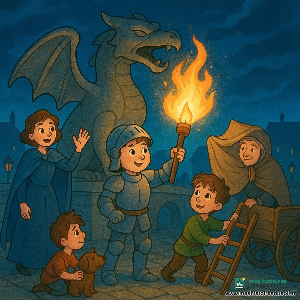 Léo, garçon d'environ 12 ans en armure simple et un peu bosselée, casque sur l'épaule, visage rond et souriant, tient une torche en bois avec une petite lampe en cuivre et une douce flamme dorée; Mila, fille d'environ 15 ans en cape bleue et cheveux châtain courts, se tient au pied d'une statue de dragon en pierre, levant la main pour l'encourager, visage confiant; un garçon de 9 ans aux cheveux en bataille tient une échelle près du pont, un petit chien brun à ses pieds, regardant Léo avec admiration; une vieille femme d'environ 70 ans coiffée d'un châle gris protège la flamme du vent avec un grand châle brun à côté d'une charrette; un marchand d'environ 40 ans en veste brune cale une poutre contre le vent, accroupi et concentré. Le lieu est un ancien grand pont de pierre avec une statue de dragon au centre, pavés irréguliers et fissurés, lampes éteintes, nuit tombante bleu profond, nuages rapides et silhouettes de maisons lointaines. Léo allume la grande torche du dragon, la flamme dorée commence à se propager vers un brasier, des étincelles illuminent les visages tandis que les villageois coopèrent pour protéger la flamme; ambiance visuelle contrastant lumière dorée et ciel bleu nuit, ombres douces, textures de bois, cuivre, pierre et tissu, style enfantin coloré et clair.