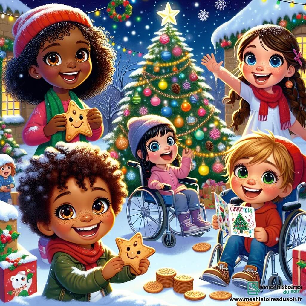 Au premier plan, Chloé, une petite fille de dix ans avec des cheveux bouclés, sourit en tenant un grand biscuit en forme d'étoile. À côté d'elle, Zoé, une fille de neuf ans avec des tresses et un bonnet rouge, lance une boule de neige en riant. Un peu en retrait, Emma, la rêveuse de dix ans aux cheveux longs, observe avec émerveillement, tenant une carte de Noël décorée. Enfin, Léa, une fille de dix ans en fauteuil roulant, sourit en tenant une guirlande de Noël, entourée de décorations scintillantes. Le décor se situe dans le jardin d'un orphelinat, avec un sapin de Noël décoré et de la neige recouvrant le sol. Les quatre amies préparent leur marché de Noël, riant et chantant des chants de Noël, leurs visages rayonnant de joie et d'amitié.